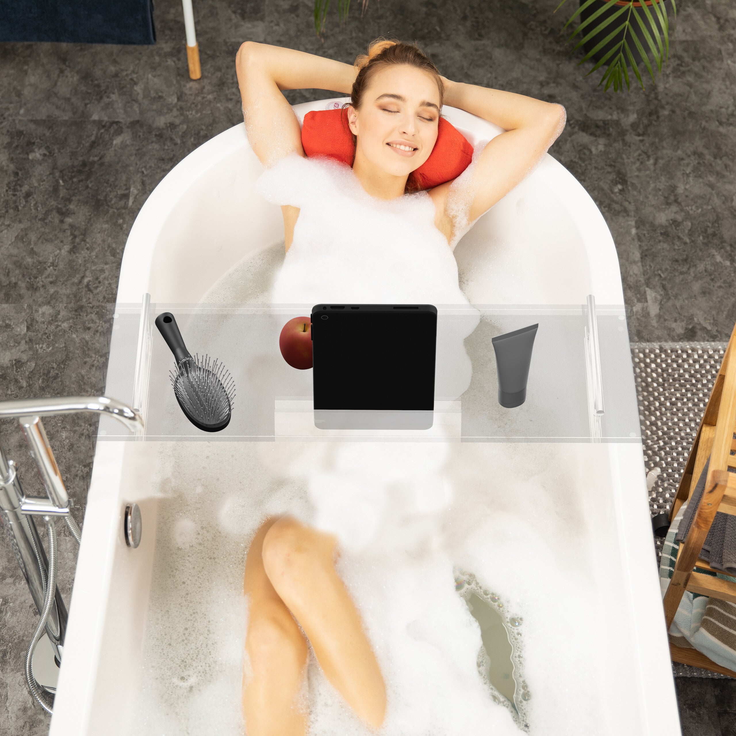 Plateau de baignoire, acrylique, avec poignées, emplacement pour un bouquin, L x P : 68 x 23 cm, transparent, Relaxdays - 3