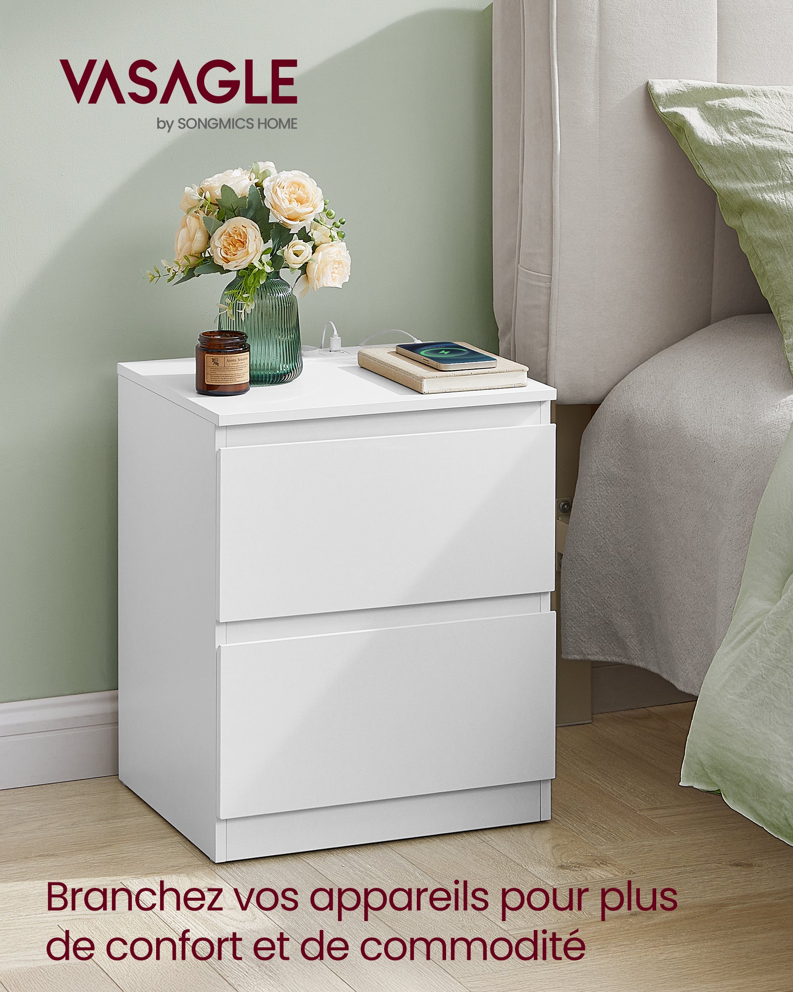 Lot de 2 Table de Chevet avec Multiprise, 2 Tiroirs, 2 Prises CA,2 Ports USB-A, pour Salon, Chambre, Bureau, Moderne, Blanc Nuage - 2