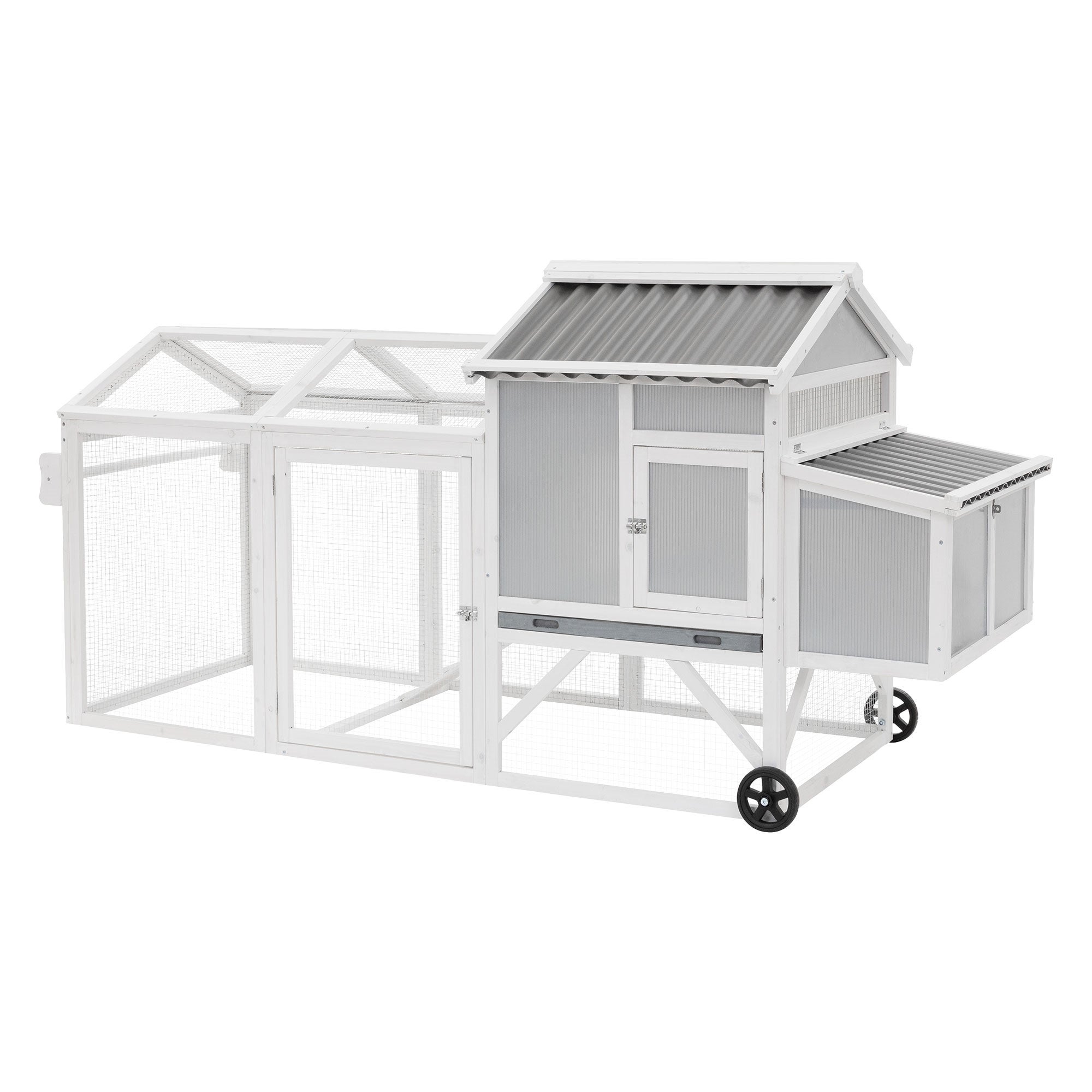 Cotet mare pentru gaini de exterior ECD Germany, din lemn masiv si plasa zincata, cu tarc exterior si roti, voliera cu cuibar, XXL, 83 x 220 x 109 cm