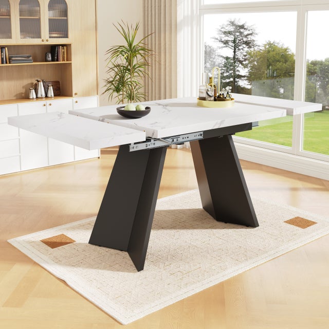 Mesa de comedor extensible - 99-159 x 74 x 77 cm - Tablero efecto mármol - Patas de MDF y metal - Blanco + negro