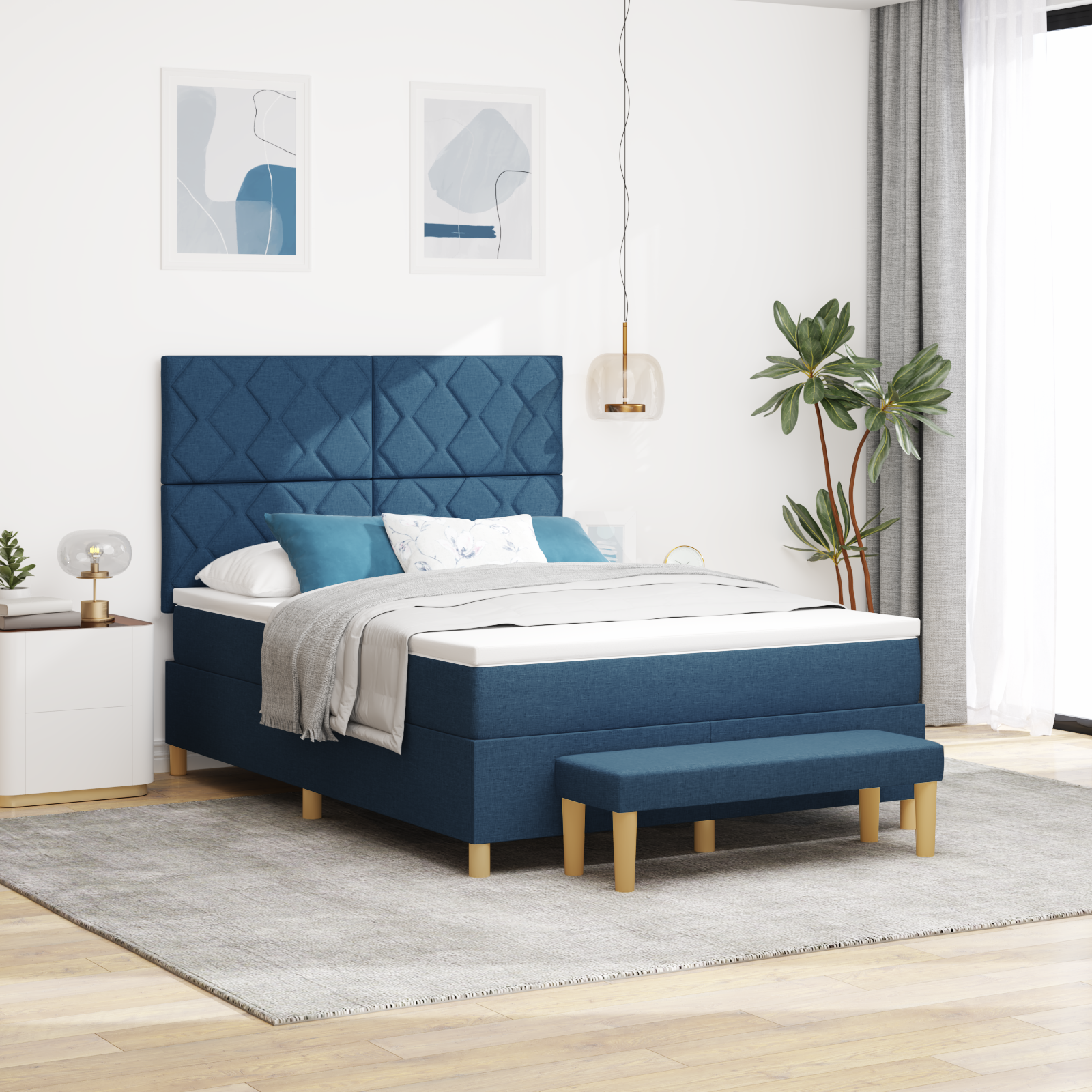 Lit Box Spring avec Matelas et Banc Bleu 140x200 cm Tissu | Leroy Merlin