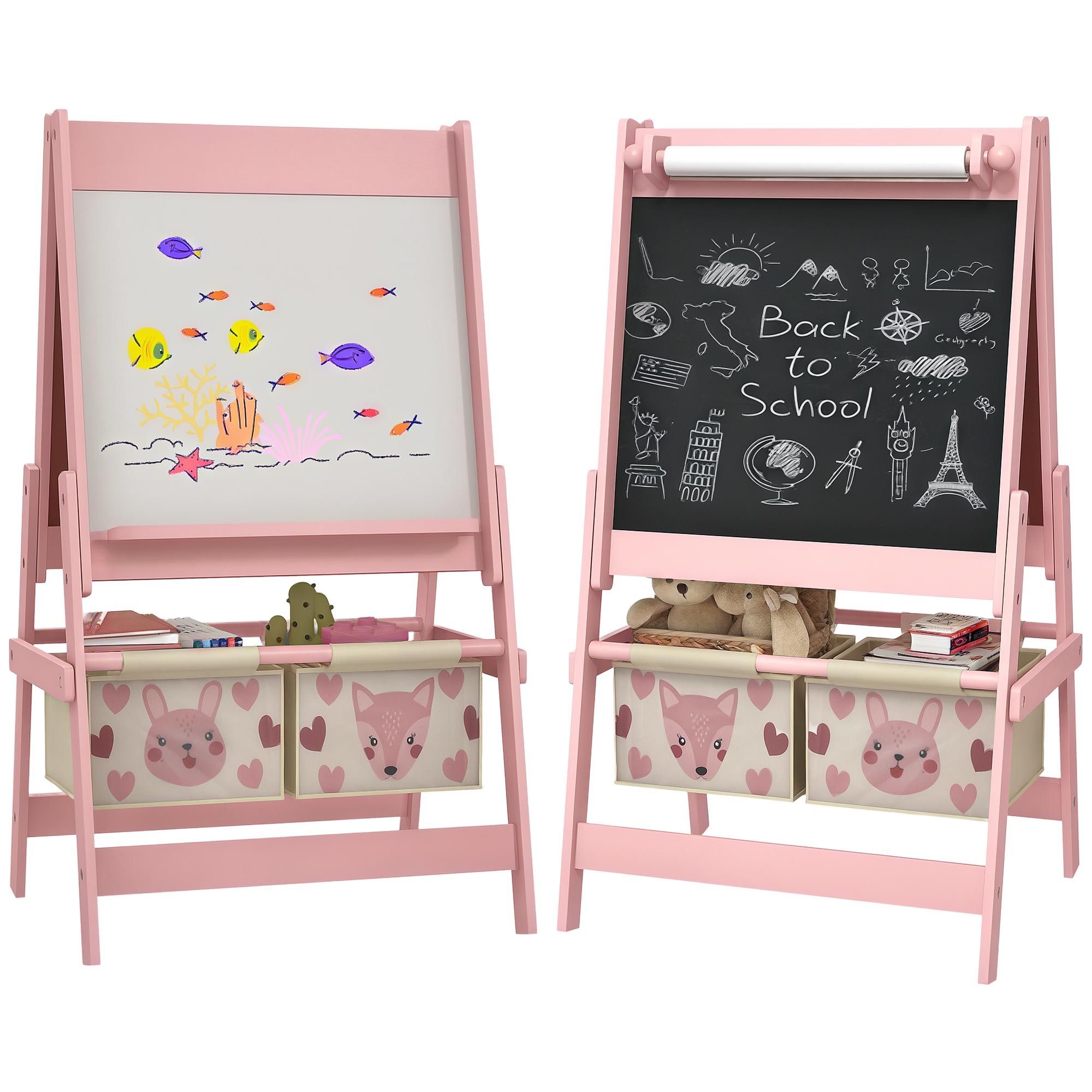 AIYAPLAY Chevalet 3 En 1 Pour Enfants – Tableau Noir, Blanc, Rouleau De Papier – Paniers Rangement – Rose