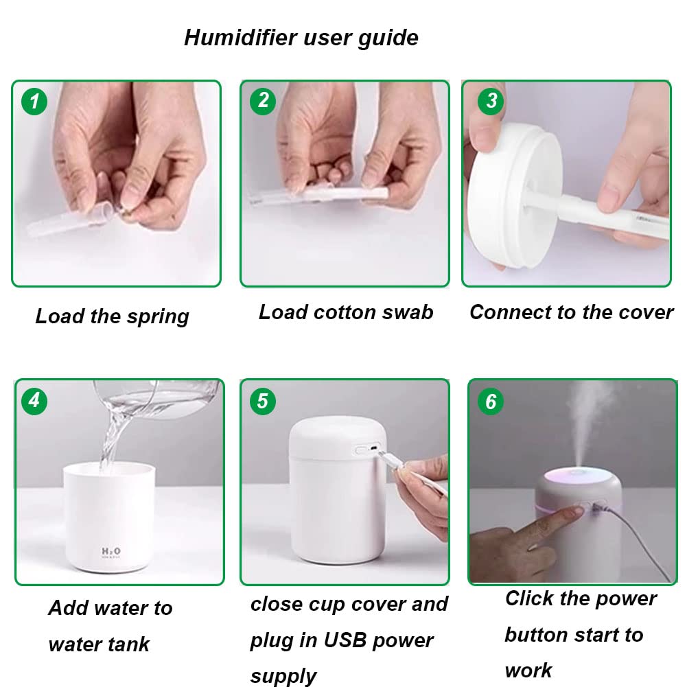 Mini umidificador, umidificador recarregável de 300 ml com luz noturna LED colorida, 2 modos de névoa, <30dB, para carro, escritório, casa (cinza) - 5