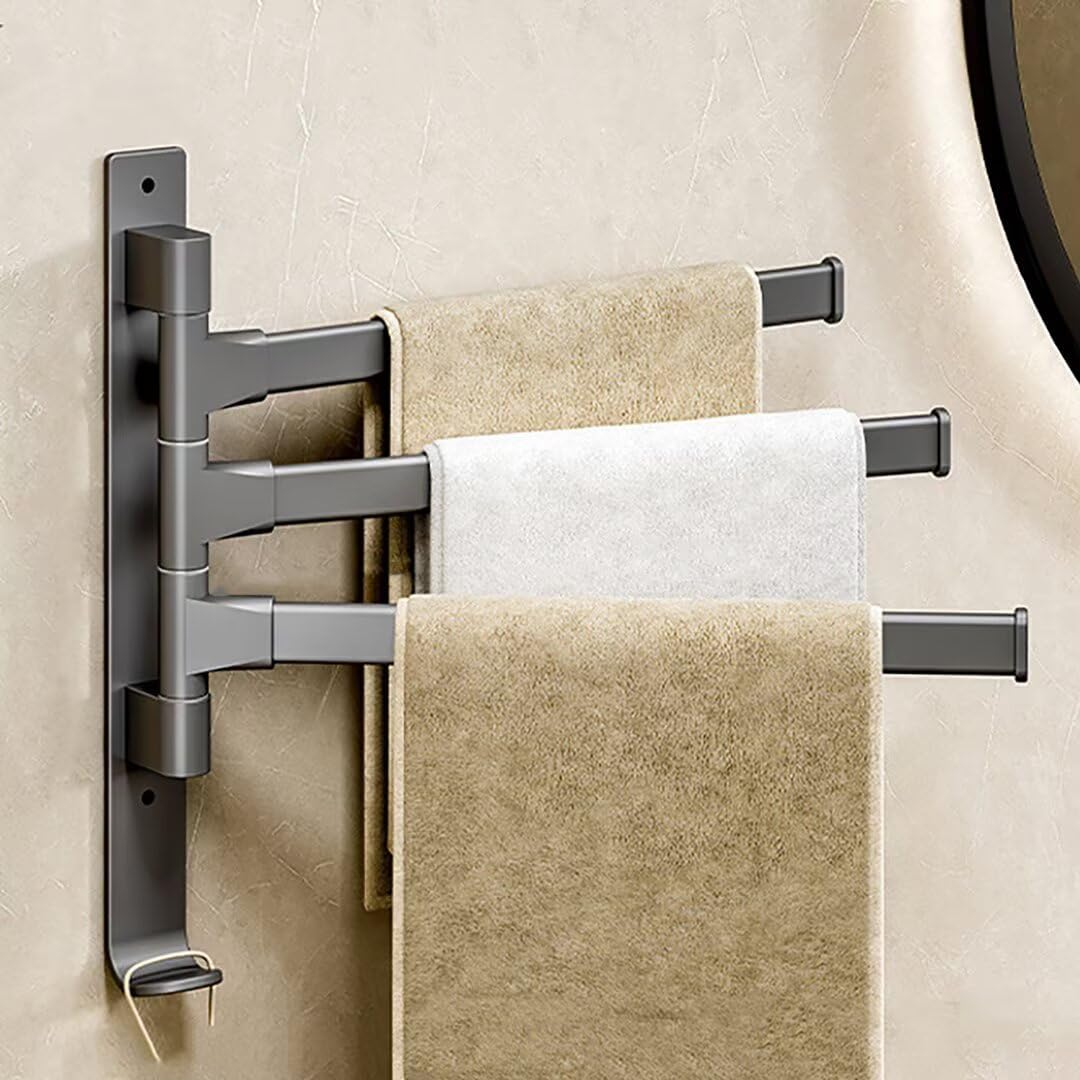 Wieszak na ręczniki łazienkowe z 3 drążkami, obrotowy o 180°, bez wiercenia, montowany na ścianie