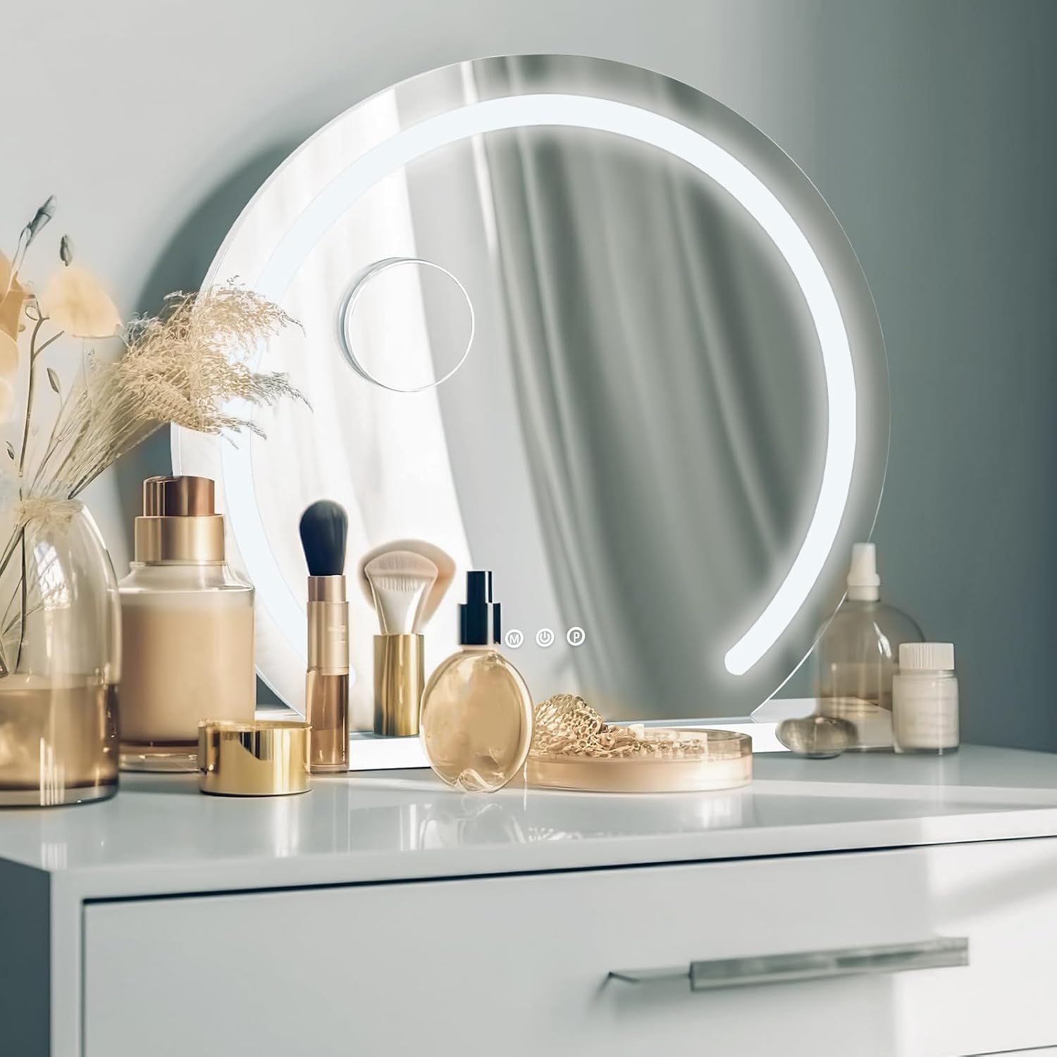 KEM Miroir de maquillage rond Dimmable LED blanche 2 en 1 cosmétique