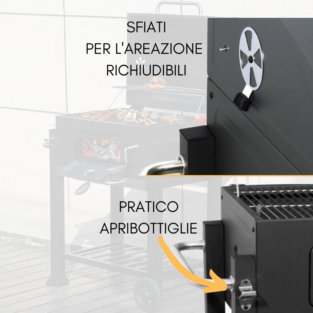 Barbecue a Carbonella Grill BBQ a Carbone Doppia Griglia con Coperchio e Termometro, Ruote e Ripiano, Apribottiglie, in Acciaio e Ghisa da Giardino - 3