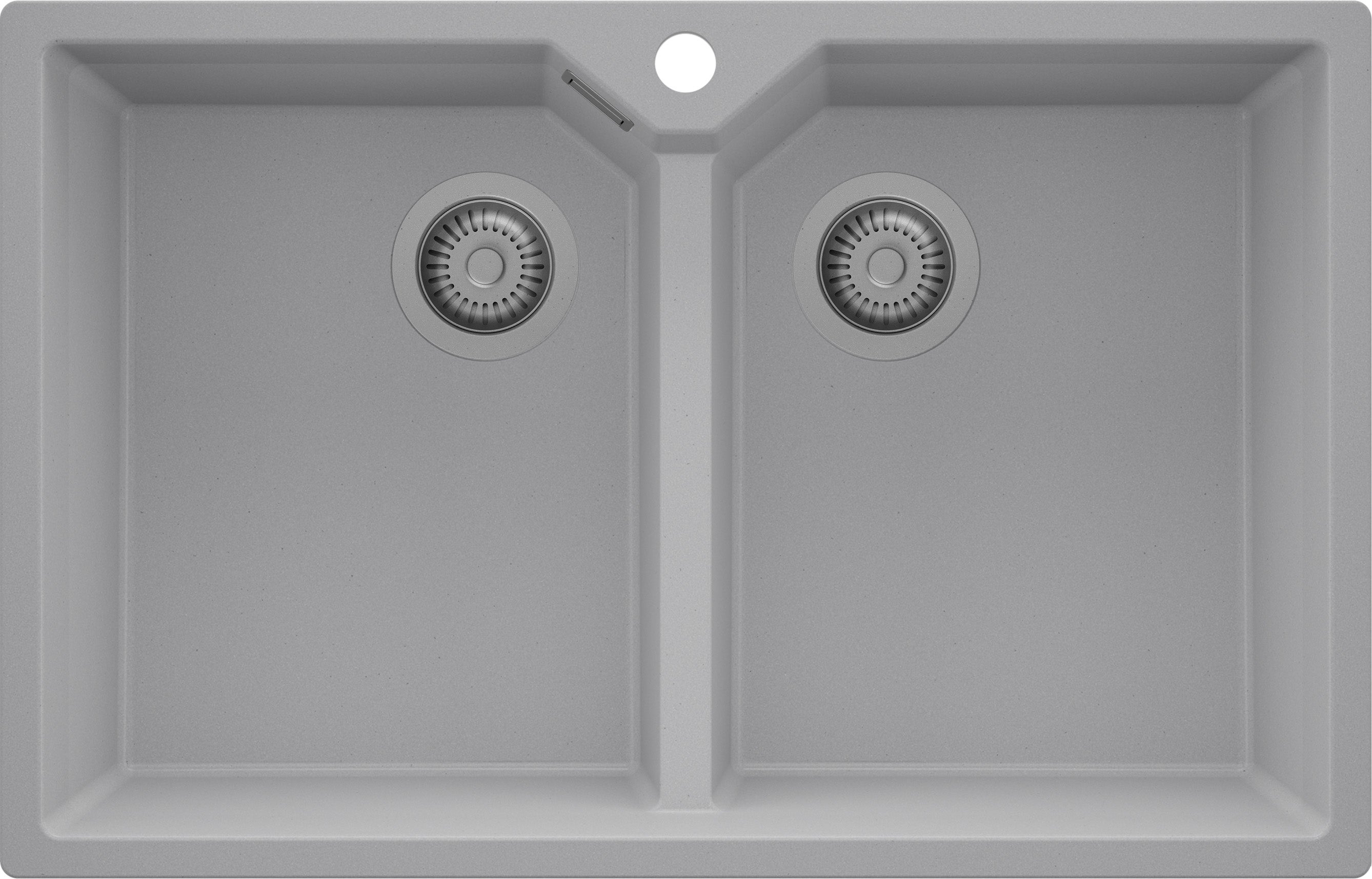 Zlewozmywak Szary 78x50cm, Zlew Kuchenny 2 Komorowy + Syfon, Nablatowy do szafki od 80cm - Madryt Twin PRIMAGRAN