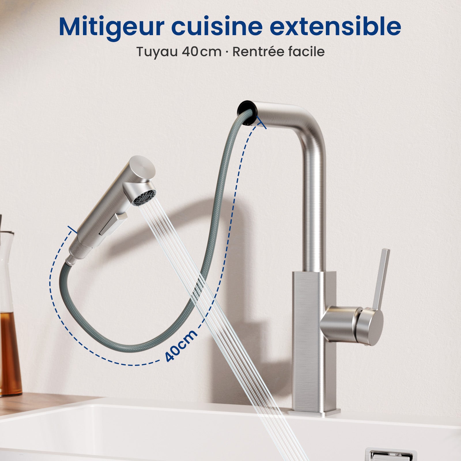 Brossé Robinet de Evier Avec 2 modes d'eau - Robinet de Cuisine avec Douchette Extractible - Mitigeur de Cuisine en Inox - 5