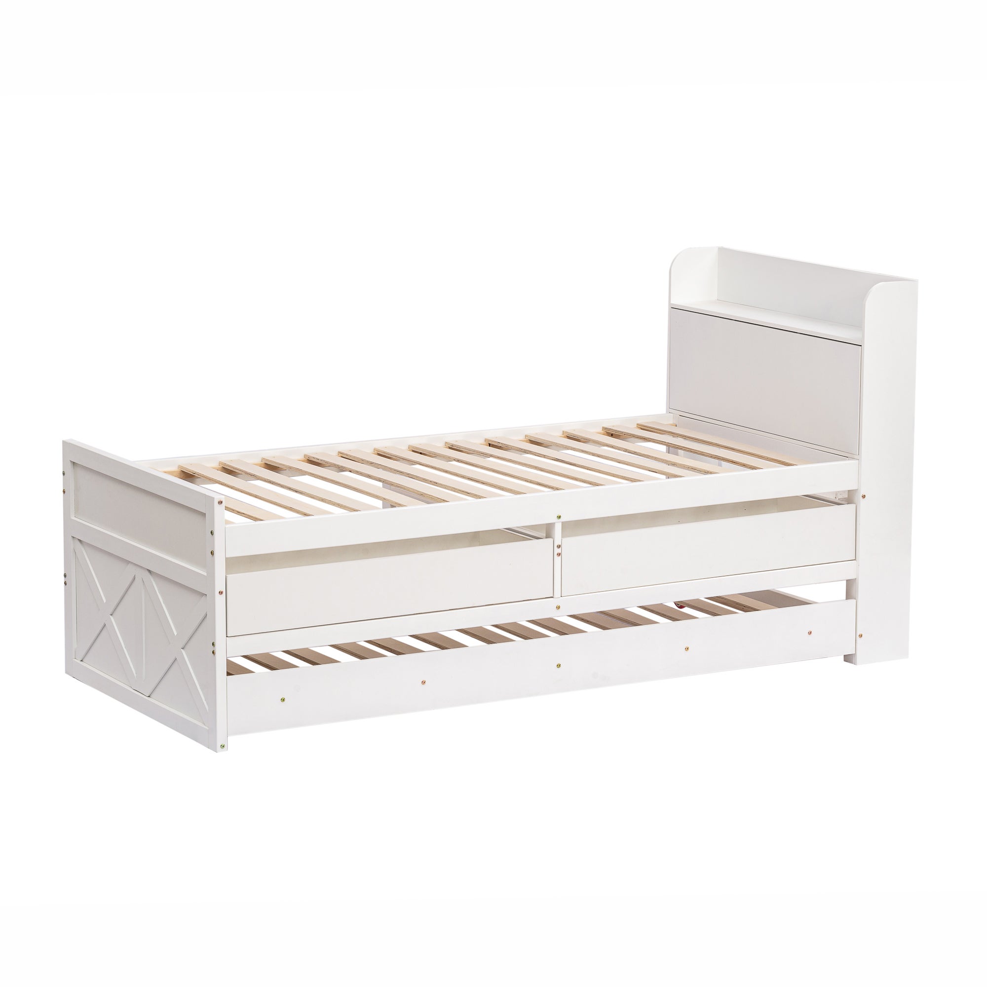 Letto estraibile 90x190 cm, testiera con contenitore, 2 cassetti, legno, bianco, senza materasso - 5
