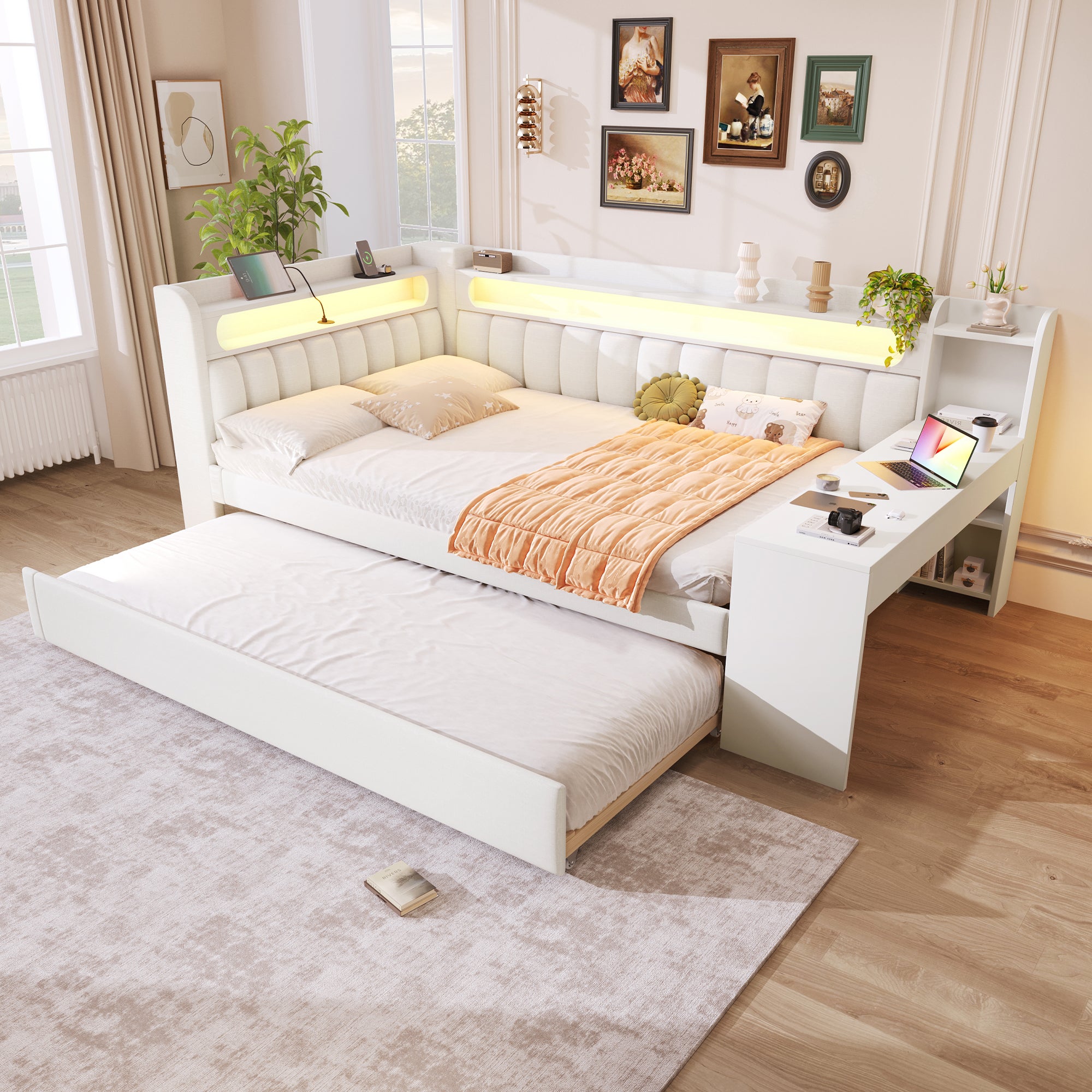 Tapicerowana sofa rozkładana 140x200 cm - z portami USB i LED - z wysuwanym łóżkiem i biurkiem - biała (materac nie jest wliczony w cenę)