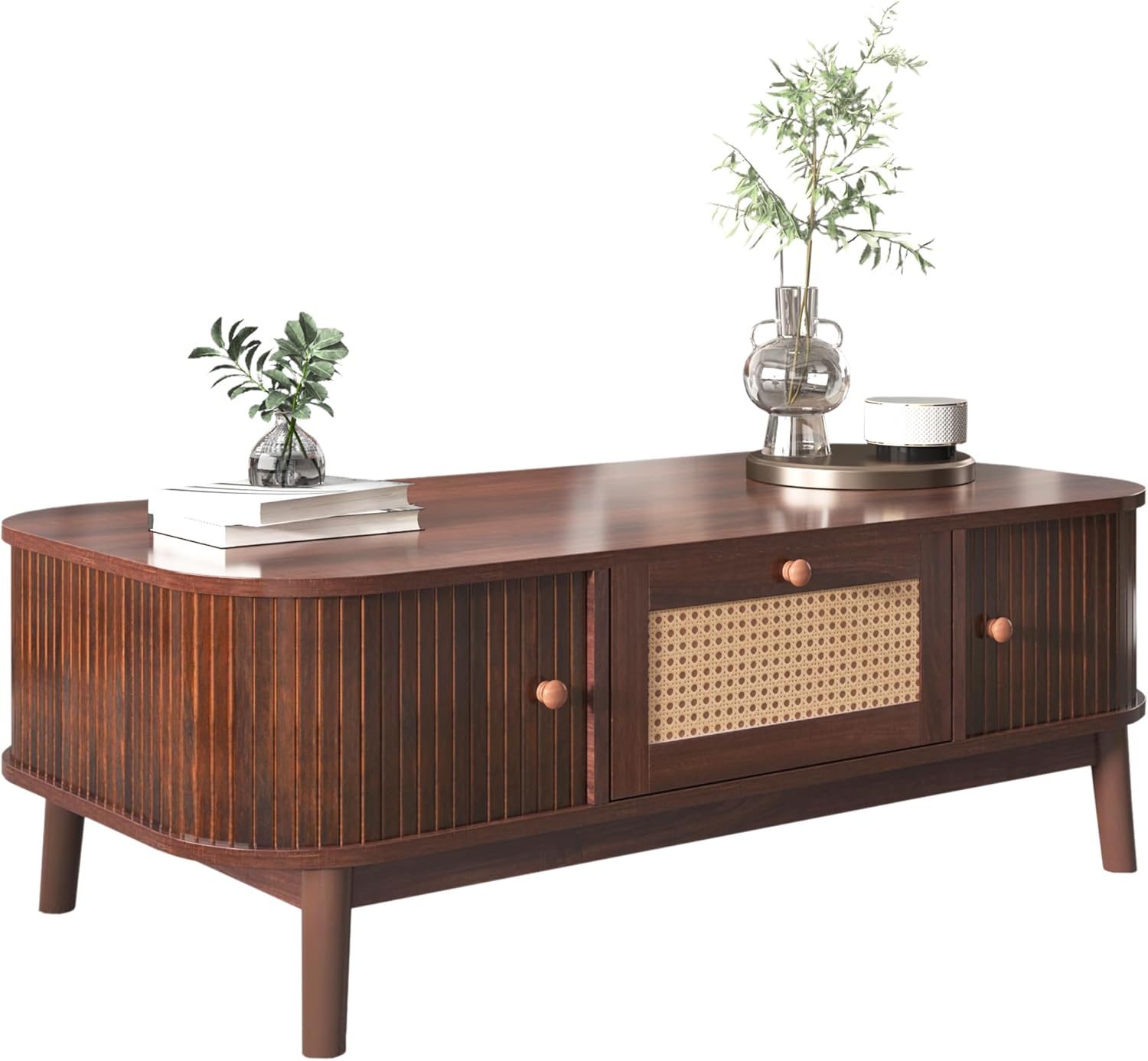 Table Basse avec tiroir en rotin et 2 Portes coulissantesf 110 x 55 x 38,5 cm, pieds en bois massif - Couleur Noyer - 7