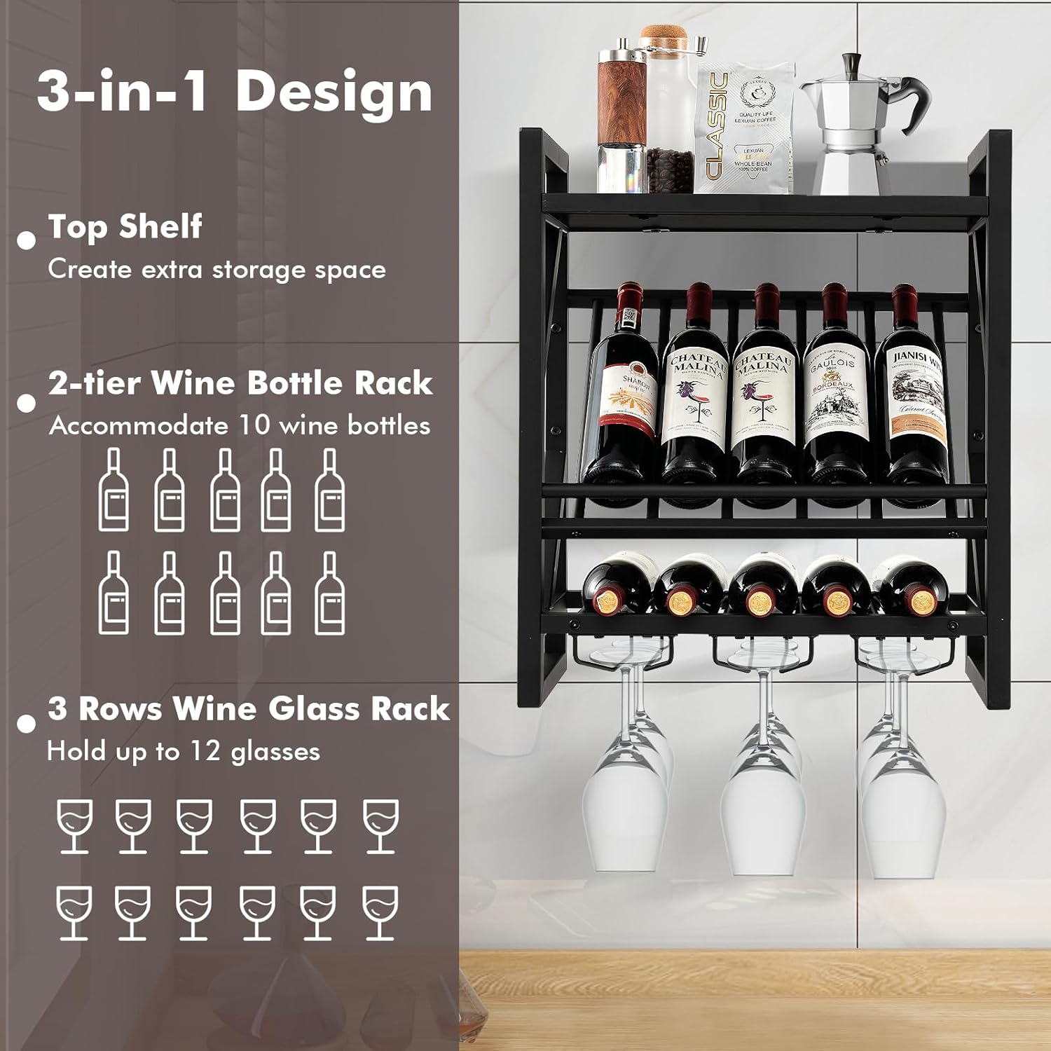 Porte-bouteilles Mural Avec LED - Étagère Pour 39 Bouteilles Et 12 Verres - Style Industriel - Éclairage 16 Couleurs - Pour Cuisine, Bar, Salle à Manger - 13