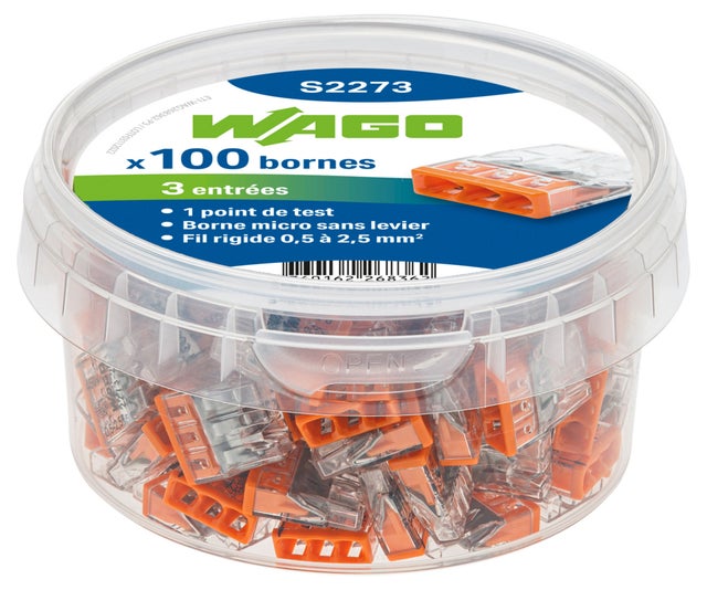 Pot de 100 mini bornes 3 fils WAGO, 450 V, 24 A, connexion PUSH WIRE®, boîtier transparent, point de test, 0,5-2,5 mm², 14x5,8x16,7 mm