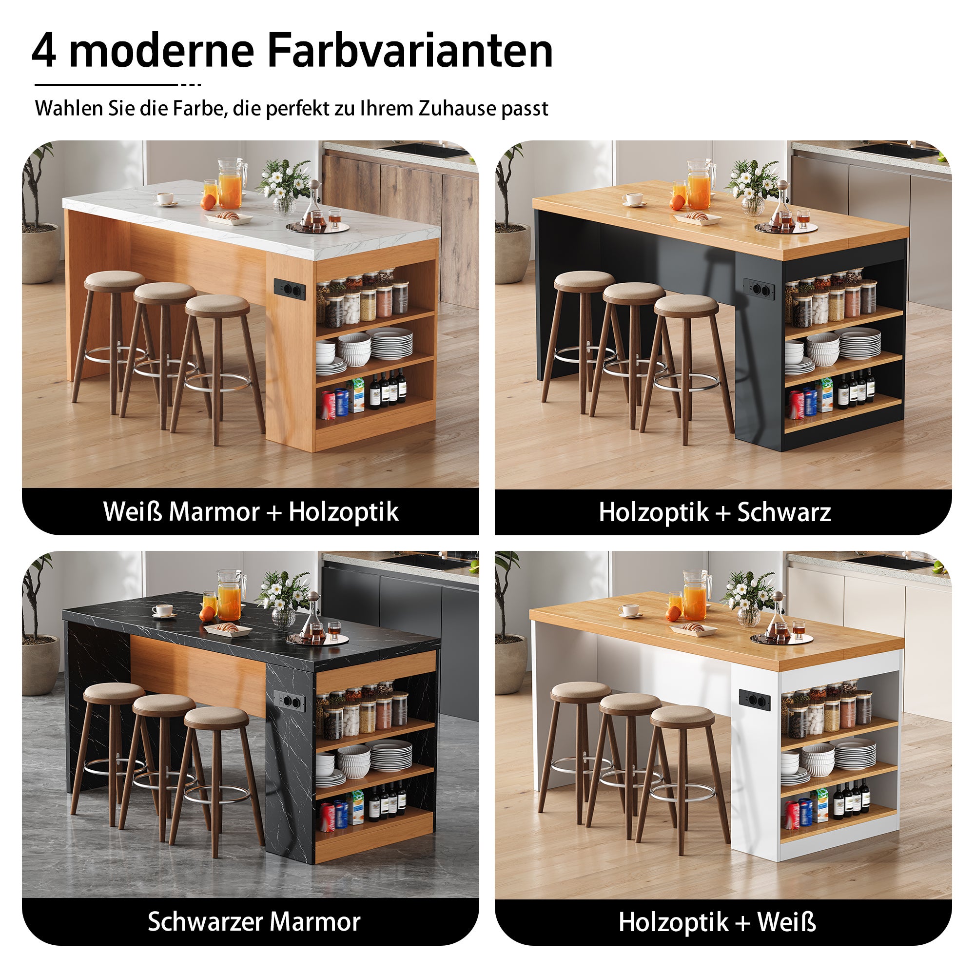 Îlot de cuisine 155x80x90 cm, table de bar avec LED, prises électriques et USB, 3 étagères, plan de travail 40 mm, MDF, noir - 8