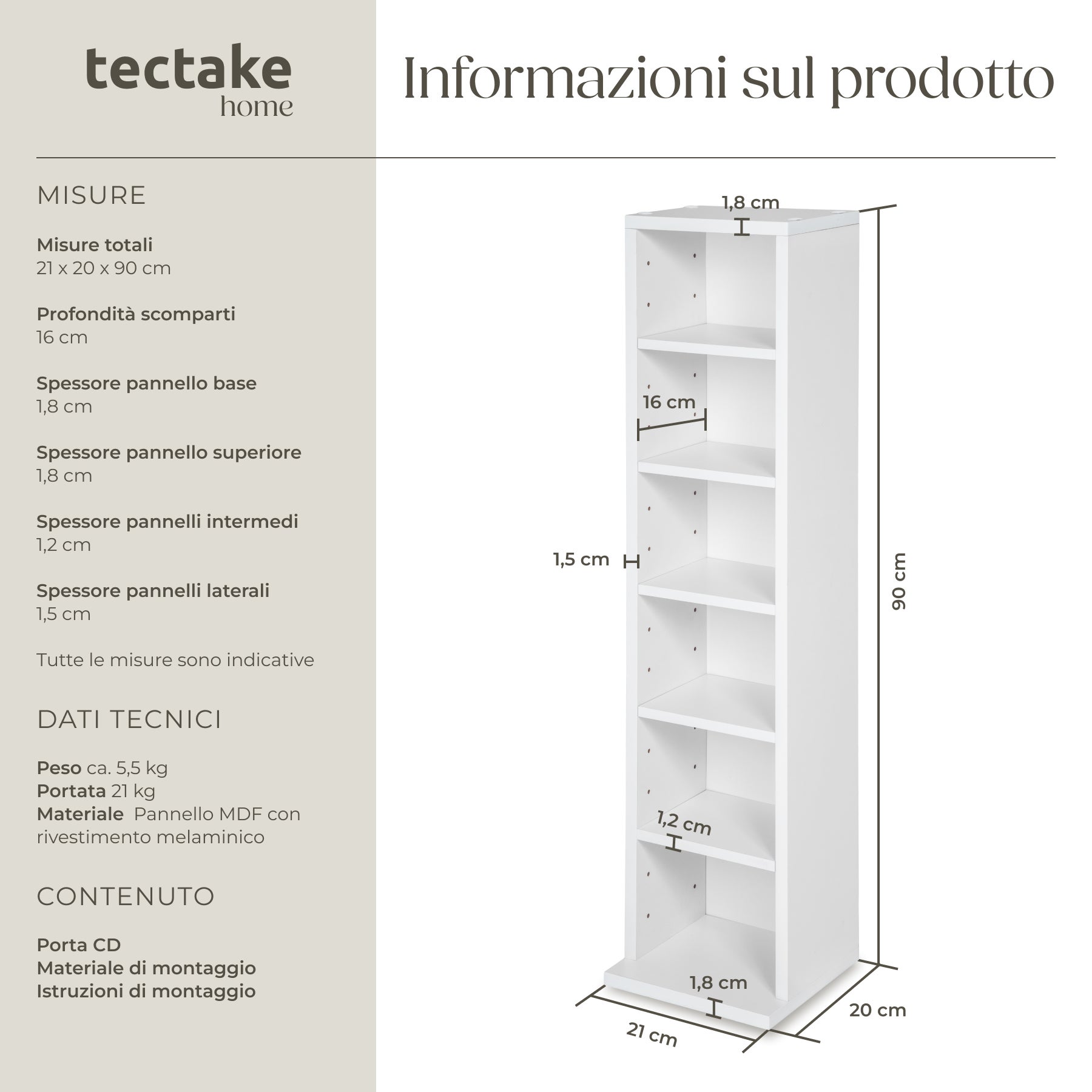 Scaffale in legno MDF per DVD e CD con 6 scomparti 90 x 21 x 20 cm TECTAKE - 6
