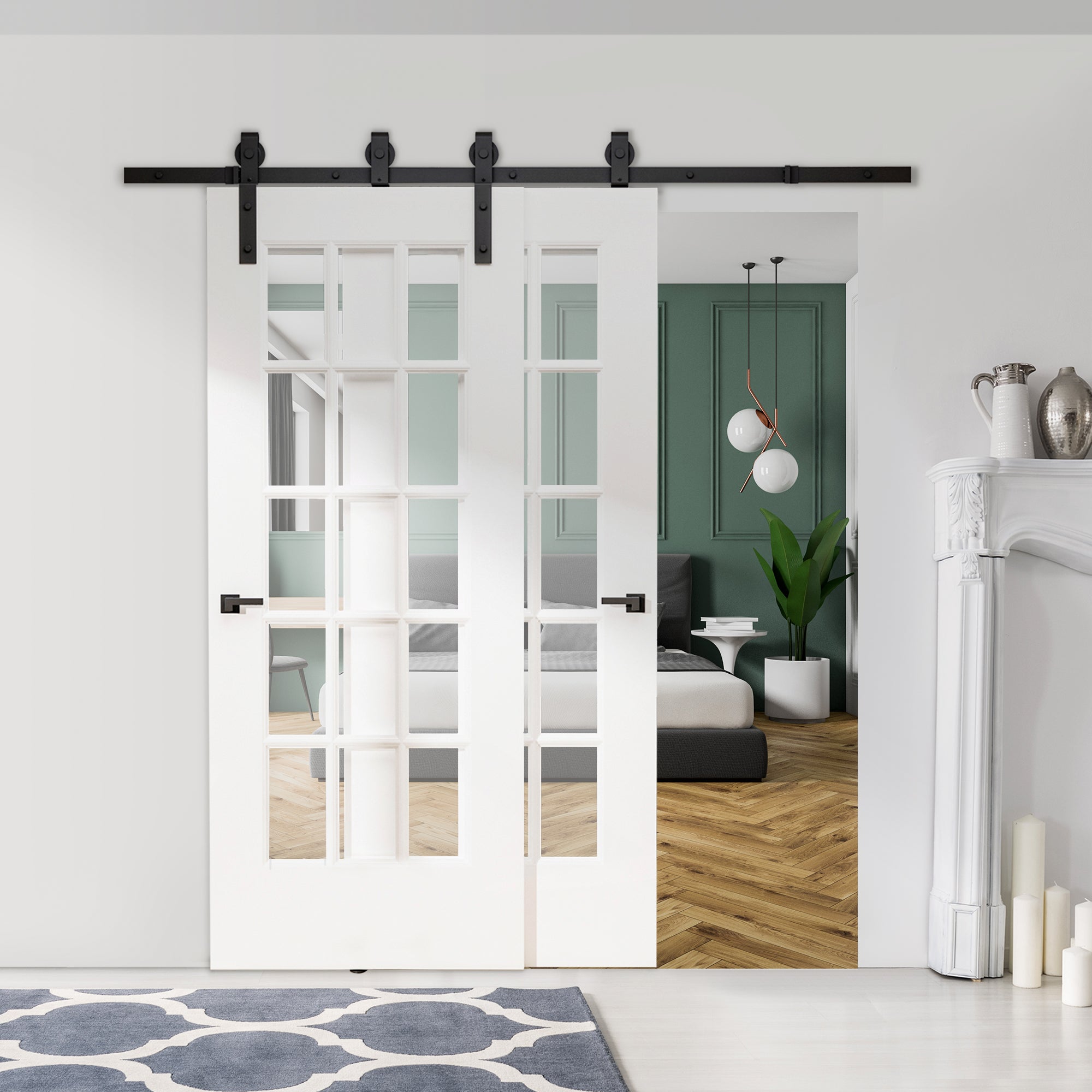 Système de porte coulissante pour portes coulissantes en bois, rail avec 9 accessoires, acier au carbone, noir - 2