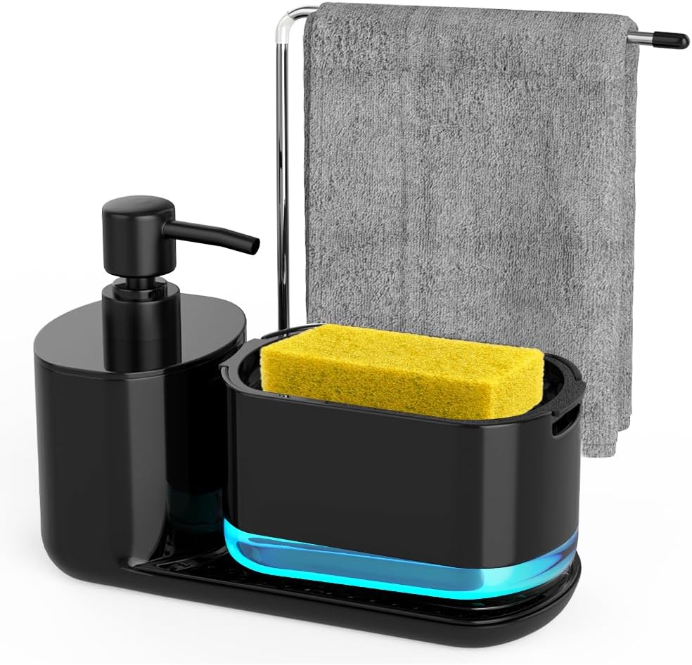 Dozownik mydła 4 w 1 z uchwytem na gąbkę i wieszakiem na ręczniki do kuchni i łazienki, czarny (gąbka nie jest dołączona)
