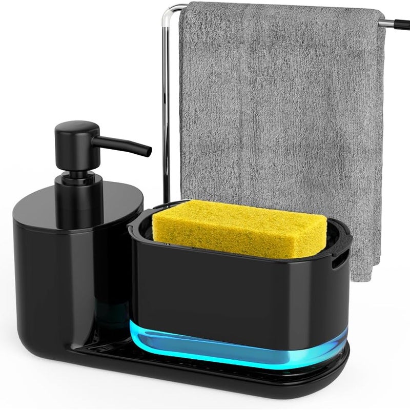 Dozownik mydła 4 w 1 z uchwytem na gąbkę i wieszakiem na ręczniki do kuchni i łazienki, czarny (gąbka nie jest dołączona)