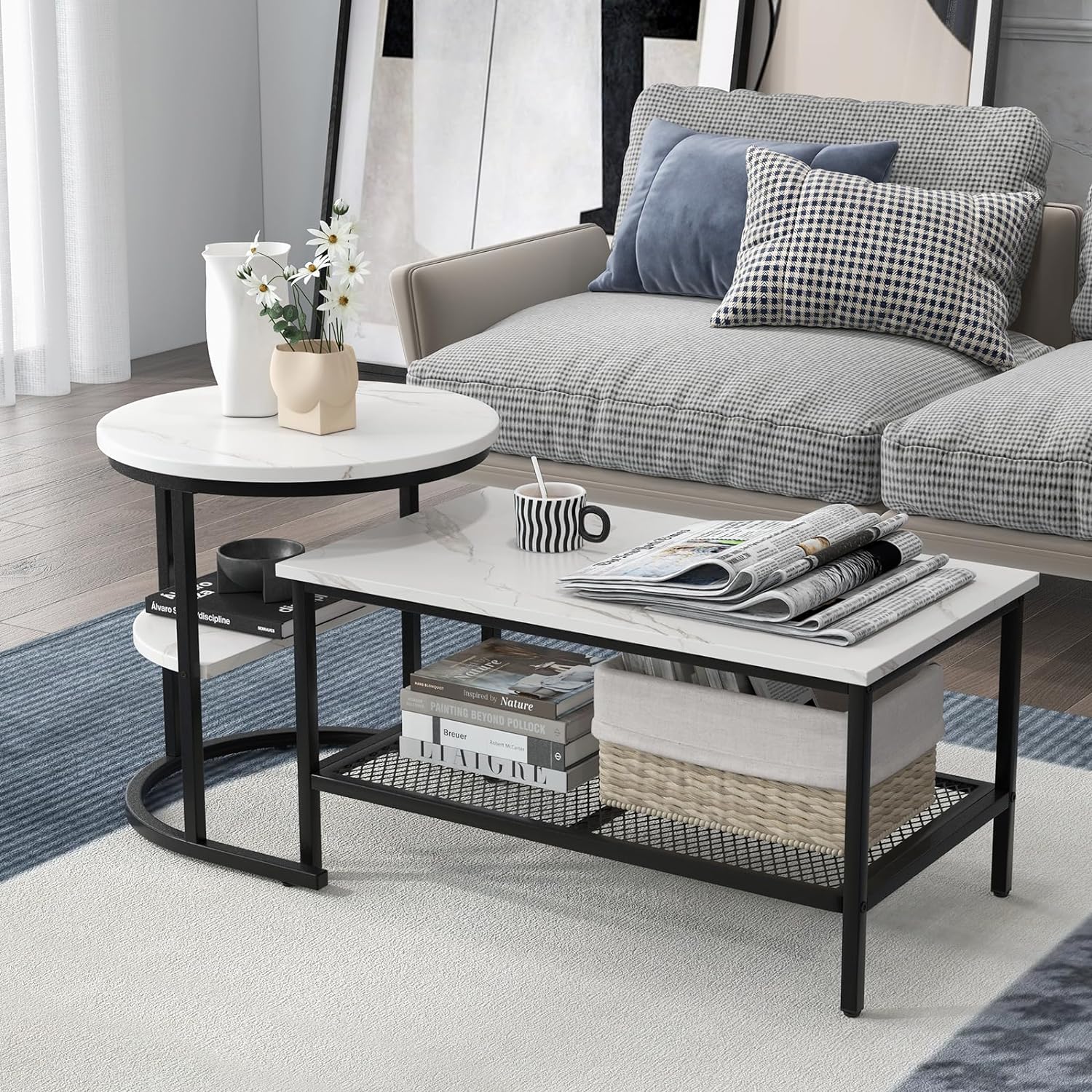 Juego de 2 mesas con mesa rectangular extraíble y mesa redonda, de imitación de mármol blanco, mesa auxiliar moderna para salón, blanco y negro - 2