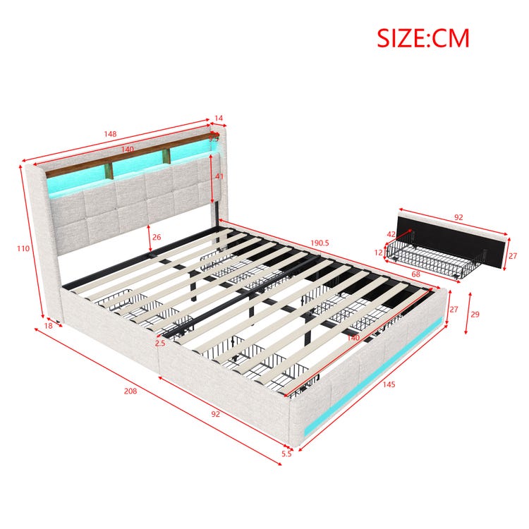 Lit 140x190 cm avec sommier éclairage LED et USB, 4 tiroirs et tête de lit de Rangement, Lin, Beige - 4