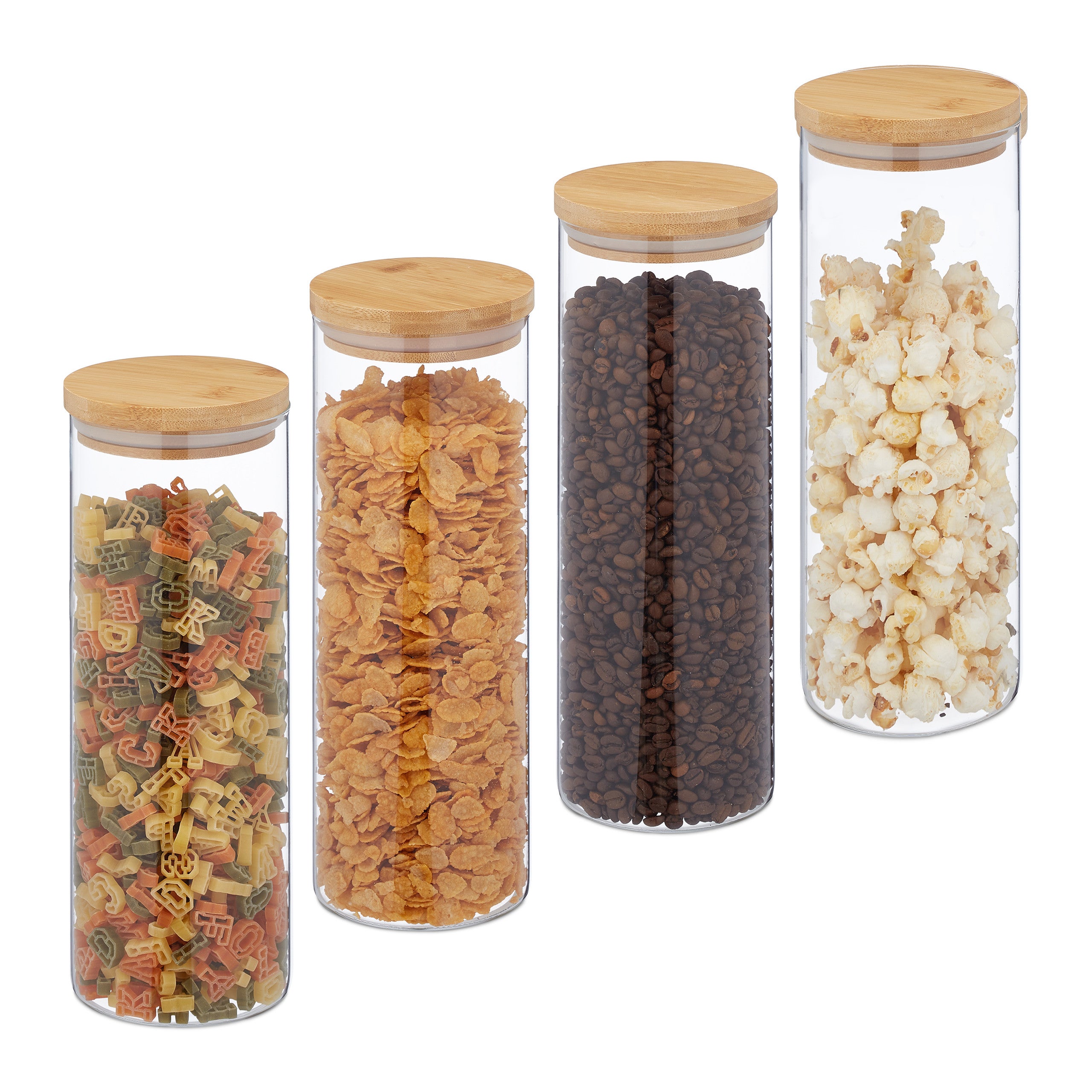 Botes cristal 1600 ml, set 4, recipientes cocina grandes, tapa bambú, tarros herméticos, transparente/natural, relaxdays