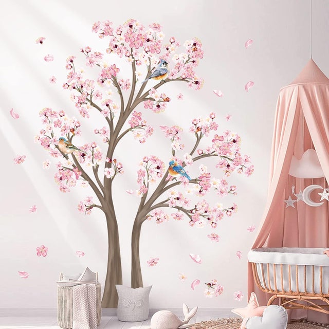 Adesivo de parede grande com galhos de árvore de flor de cerejeira, decalque de parede para sala de estar, quarto de criança, decoração de parede para