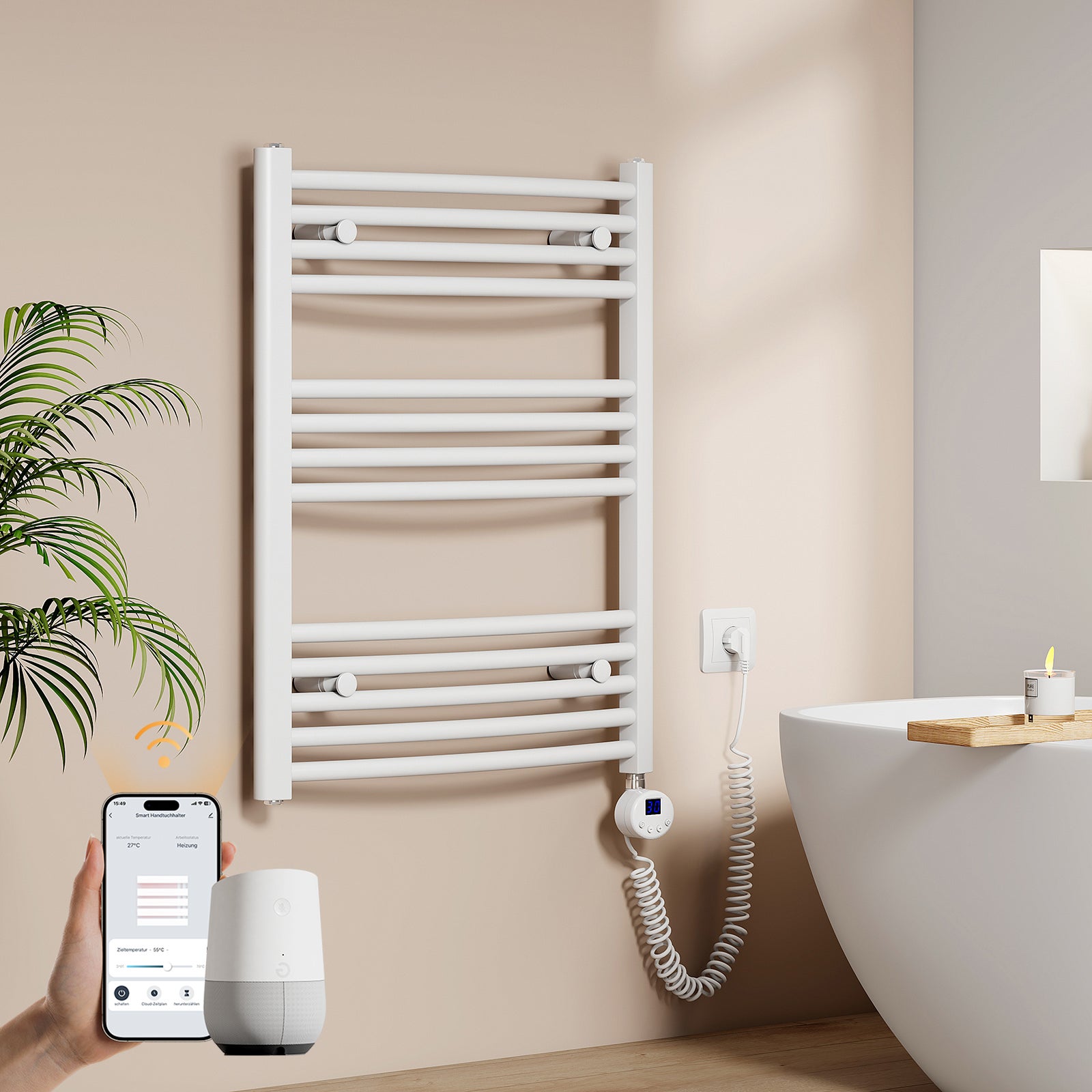 EMKE Grzejnik elektryczny łazienkowy Wygięta 75x60cm - Inteligentne Sterowanie z Programatorem Tygodniowym w Aplikacji - 300W - Biały