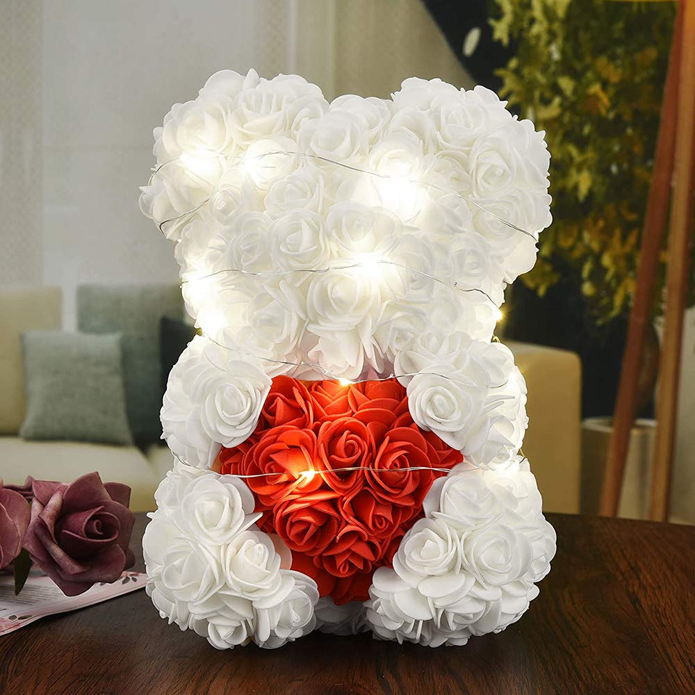 Ours en Roses Blanc avec Cœur Rouge, Ours de Fleurs LED 25cm, Cadeau Romantique pour Elle, Anniversaire, Fiançailles, avec Boîte & Carte, Fait Main - 3