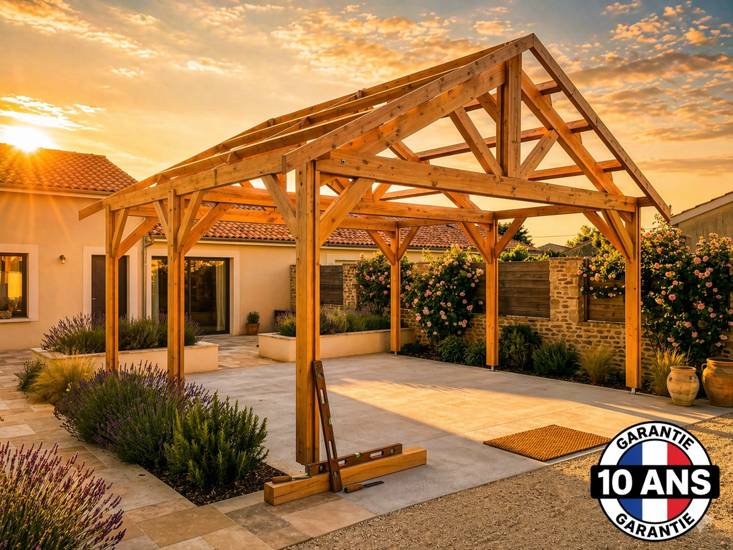Carport bois 2 pentes en bois douglas 18 m², 6 poteaux. Abri voiture extérieur. Garantie 10 ans. - 5