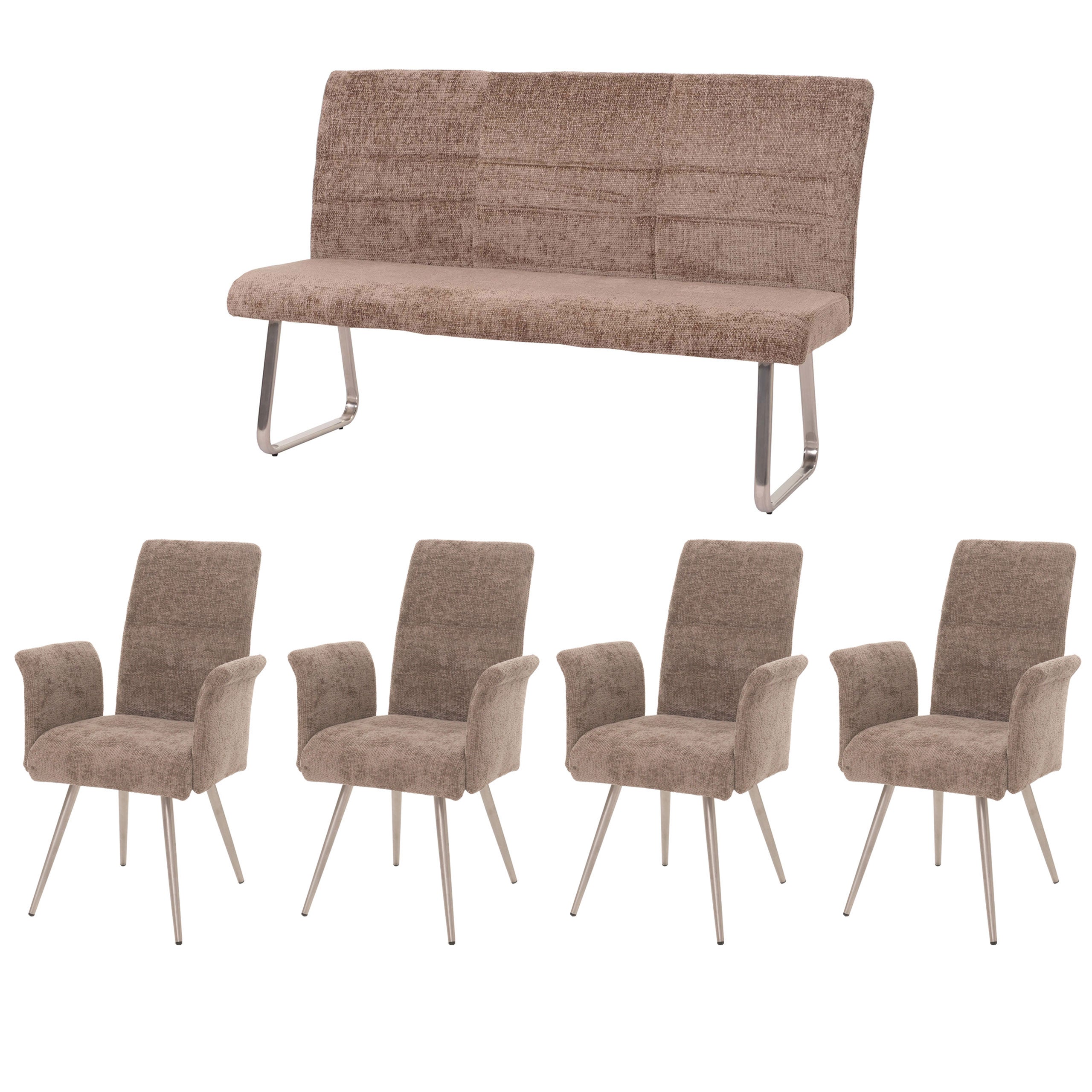 Zestaw do jadalni HWC-G55, zestaw 4 krzeseł z podłokietnikami + ława 160cm, stal nierdzewna szczotkowana tkanina/tkanina szenilowa ~ brązowy