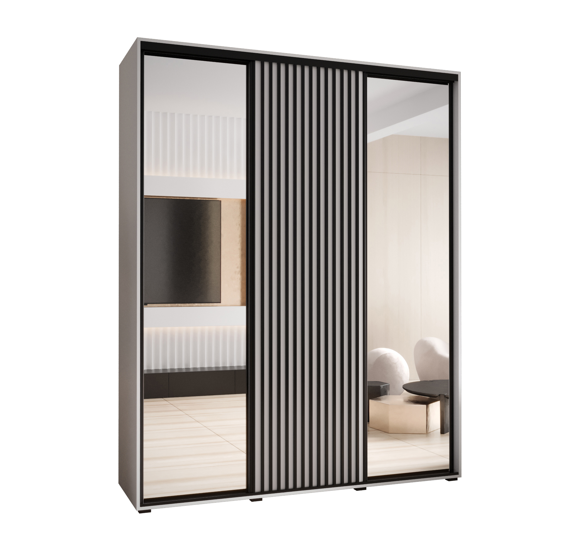 Szafa przesuwna z lustrem wysoka Lanko 2 190 x 45 x 235,2 cm biały + biały + lamele czarny - Abiks Meble