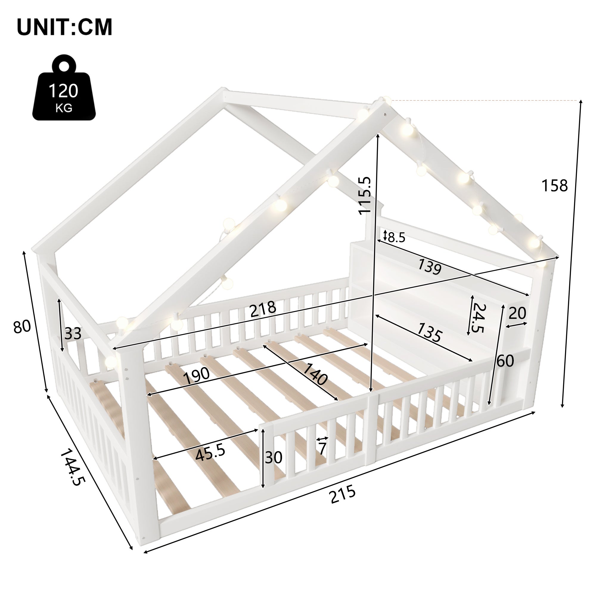 Lit cabane 140 x 190 cm avec barrière et étagères de rangement - Pin + MDF + contreplaqué - Blanc (matelas non inclus) - 5