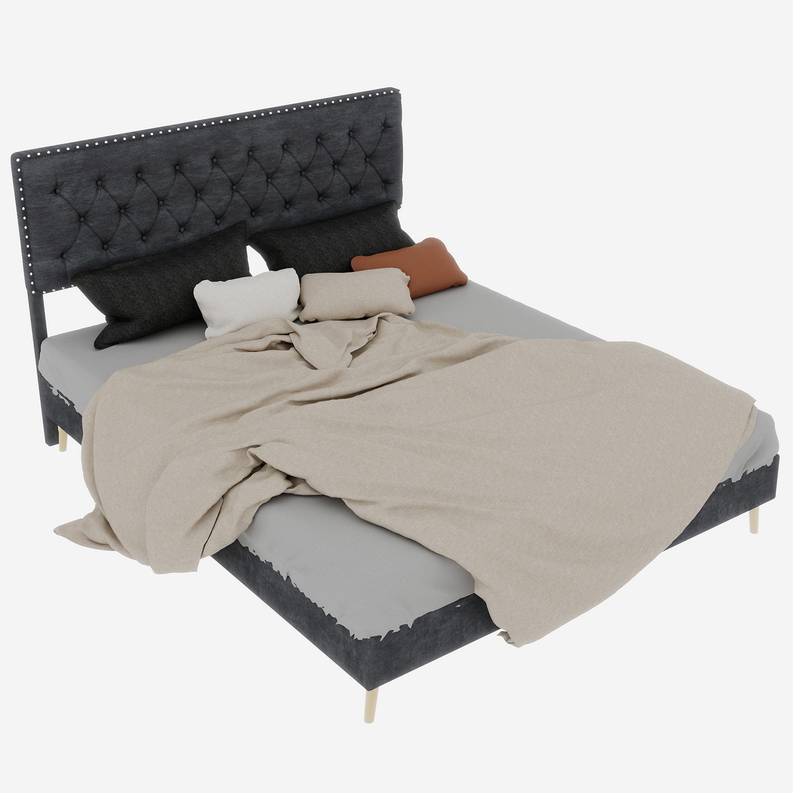 Letto matrimoniale 160x200 cm, doghe in legno, testiera, velluto grigio, senza materasso - 8