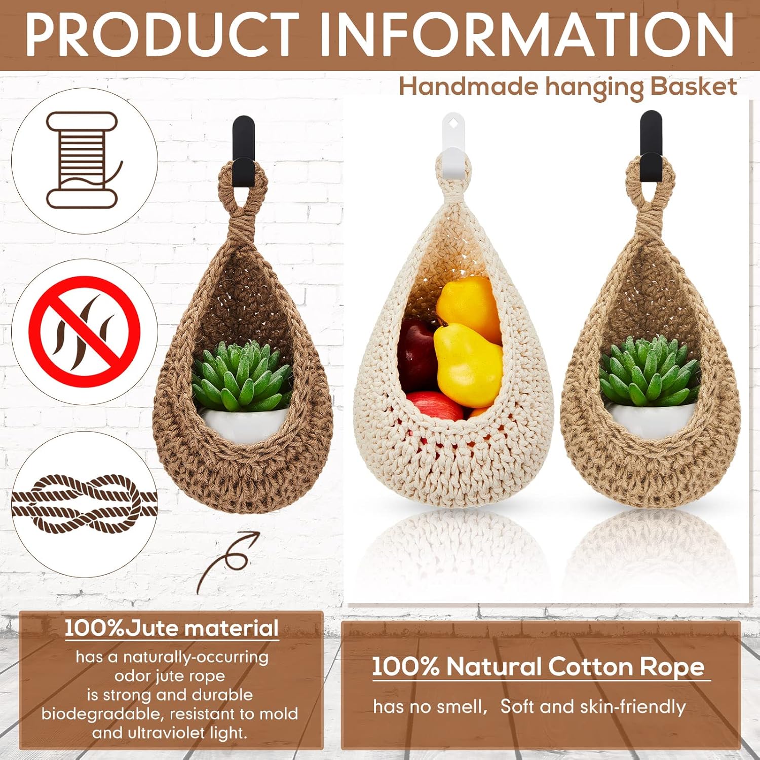 Paniers muraux suspendus style bohème pour la cuisine, lot de 3 paniers en forme de goutte avec crochets, pour ranger fruits, oignons, légumes，cotton - 4