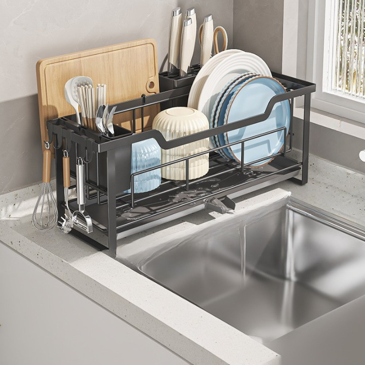 Ociekacz do naczyń kuchennych, stojak na zlew, 42,5×16,5×21 cm – czarny, pojemnik na miskę i sztućce – z tacką ociekową