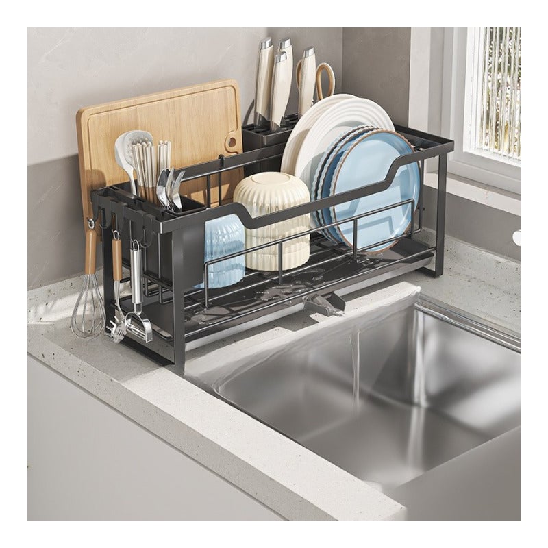 Ociekacz do naczyń kuchennych, stojak na zlew, 42,5×16,5×21 cm – czarny, pojemnik na miskę i sztućce – z tacką ociekową