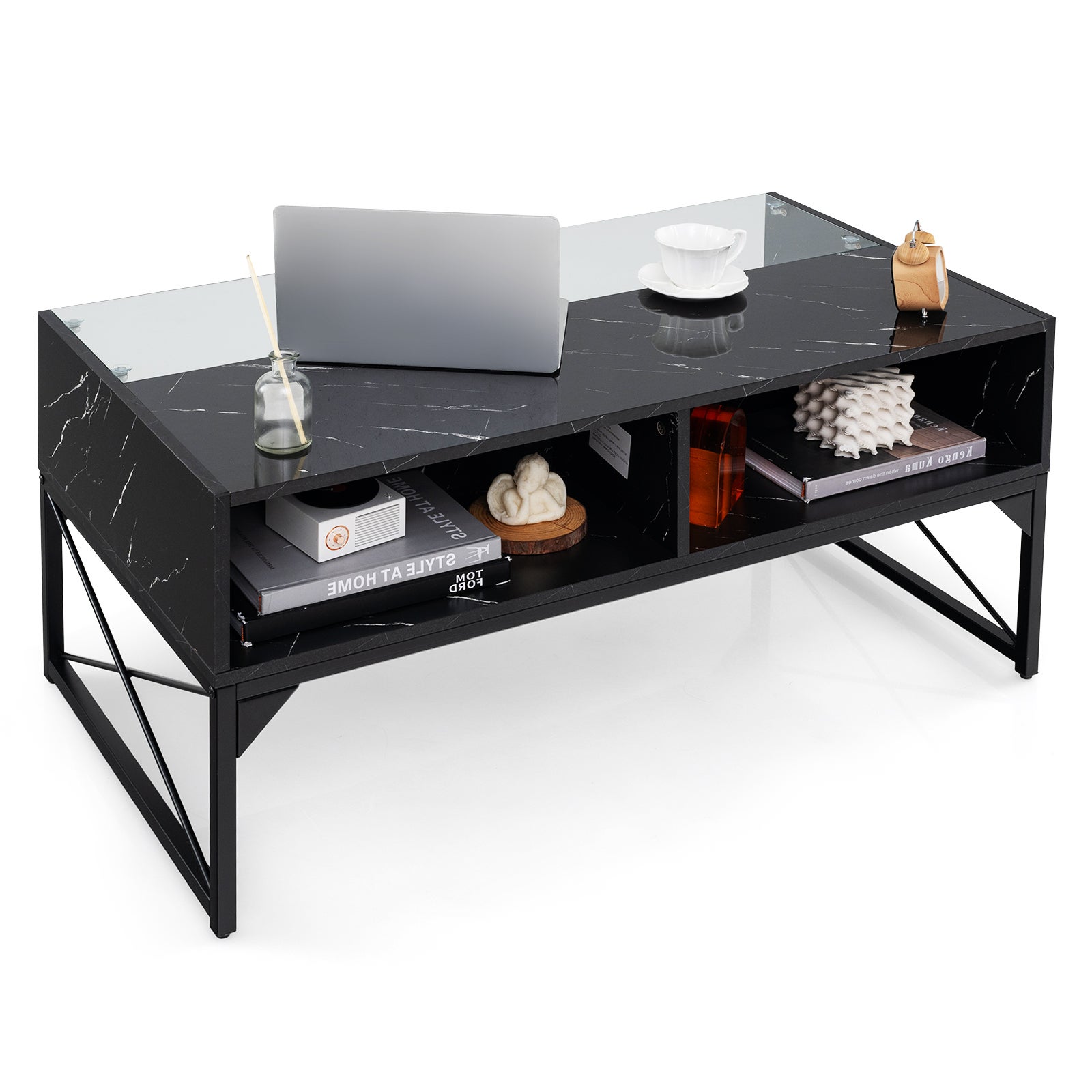 COSTWAY Table Basse Industrielle 110x60x45 Cm - Meuble TV Avec 6 Compartiments Marron Rustique
