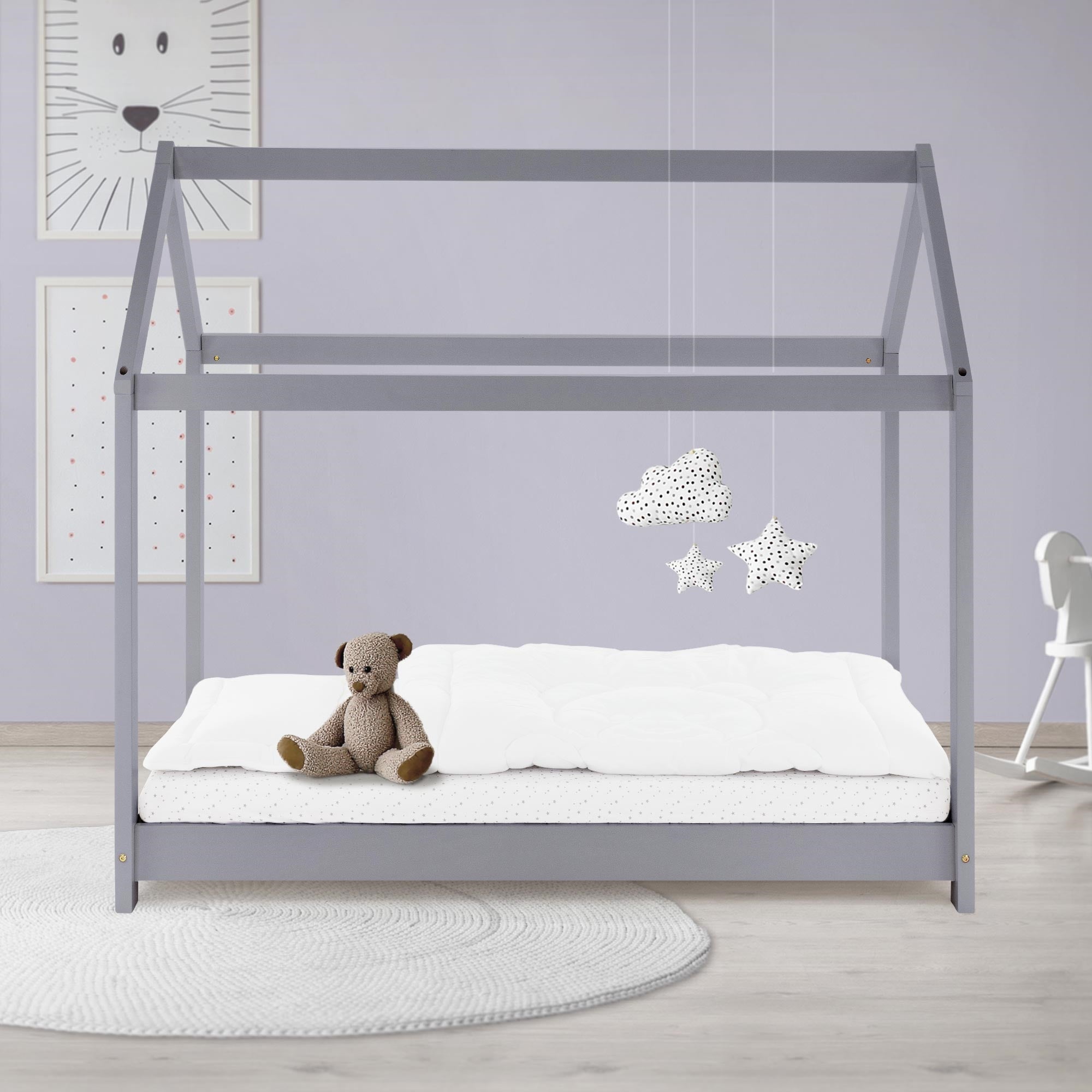 ML-Design łóżko domek 70x140 cm jasnoszare z dachem i stelażem listwowym z litego drewna sosnowego stabilne łóżko dziecięce dla chłopców i dziewczynek