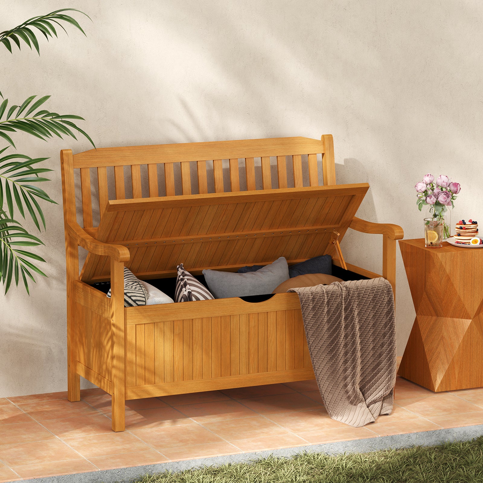 Banc de Jardin en Bois d'Acacia 107 x 59 x 90cm, Banc Coffre Extérieur 2 Places avec Boîte de Rangement, Coffre Jardin 125L, Charge Max 360 kg - 9