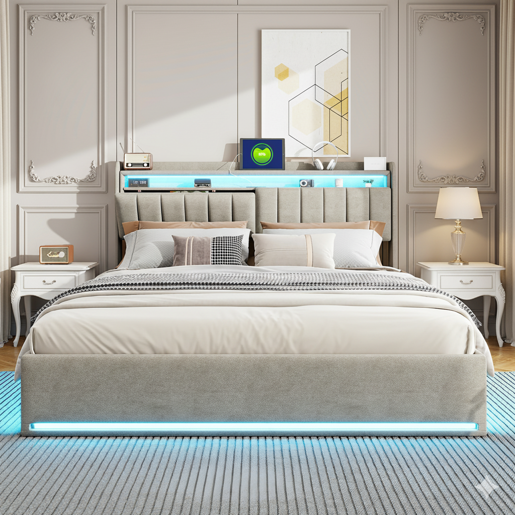 Lit 160x200cm - Lit coffre 160x200 avec sommier et tête de lit rangement - LED et port charge - velours - gris - 2