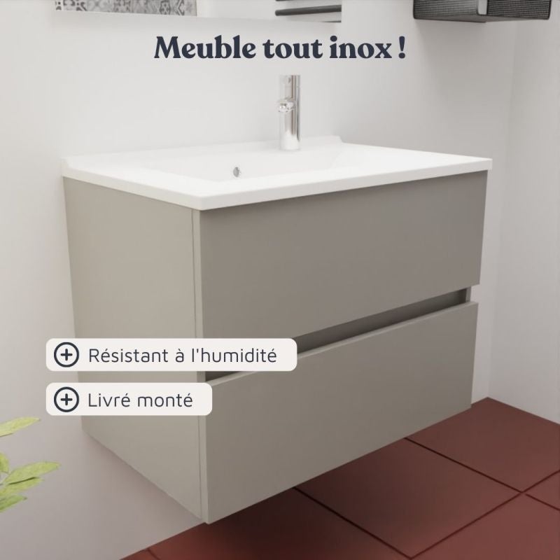 Meuble salle de bain suspendu 70 cm ROSALY INOX- Gris- Plan vasque en Résine - 5
