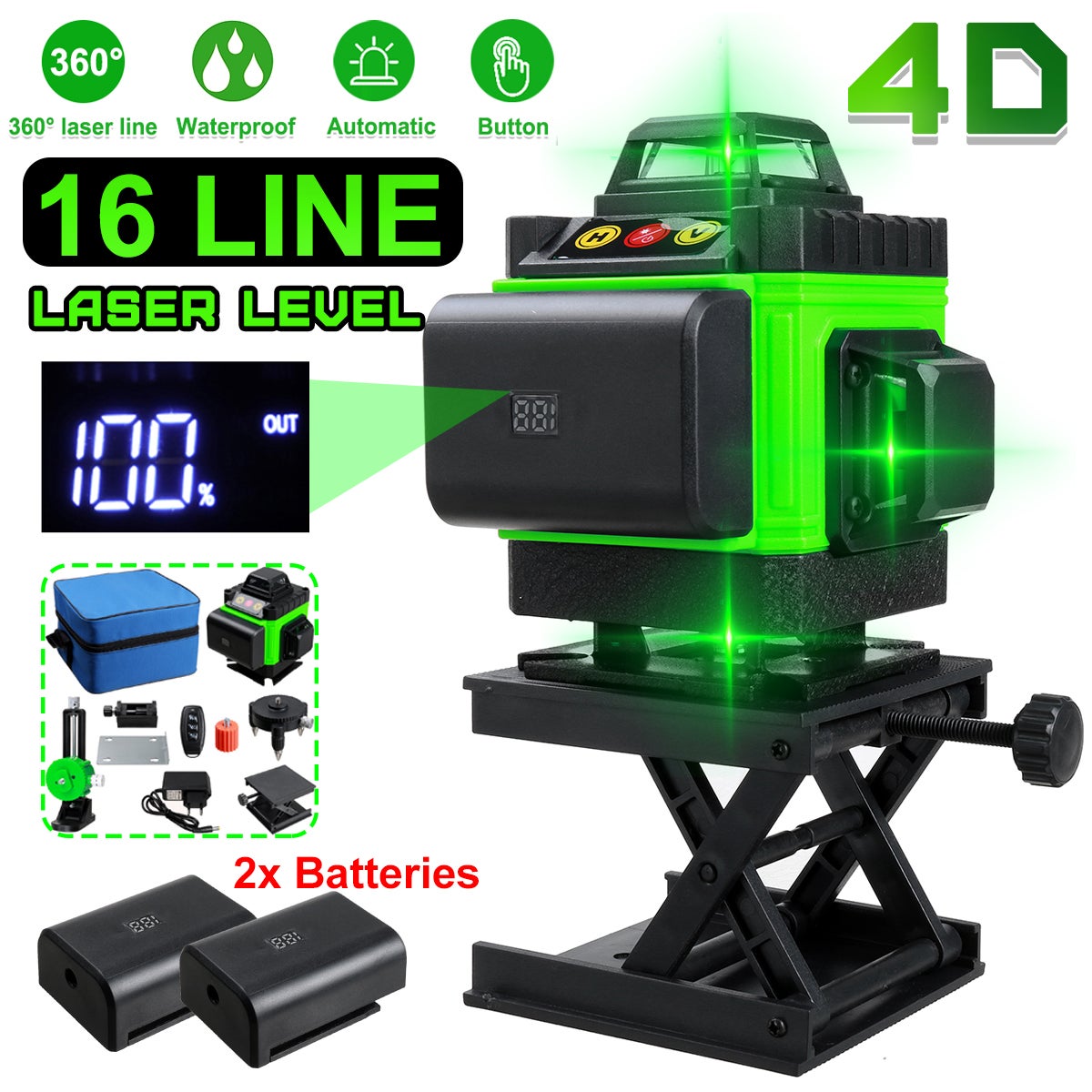Niveau Laser Vert 4D 16 Lignes - Télécommande + 2 Batteries - KALEA-INFORMATIQUE