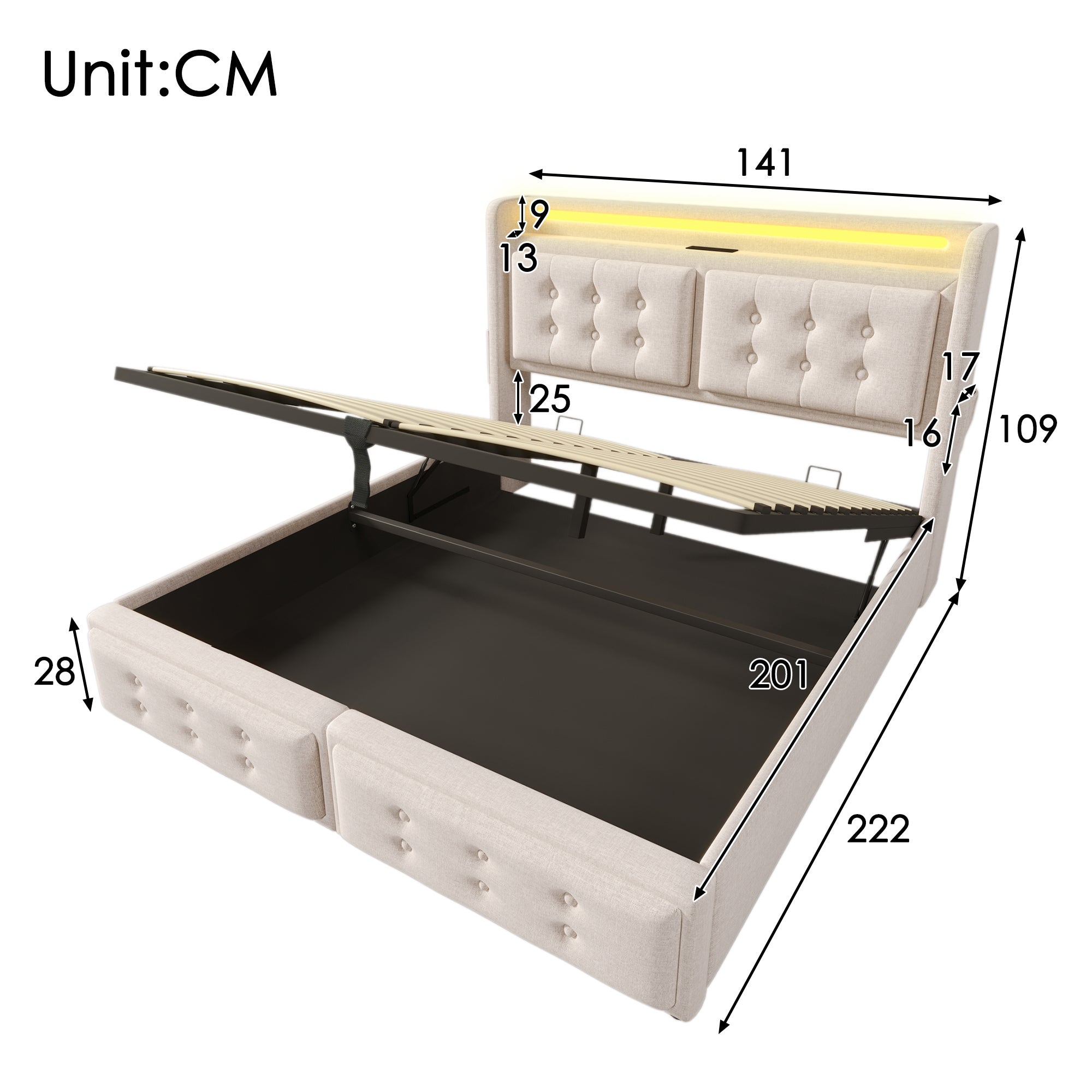 Cama contenedor 140 x 200 cm con cabecero LED, toma USB tipo C - Tejido de algodón - Beige (sin colchón) - 2