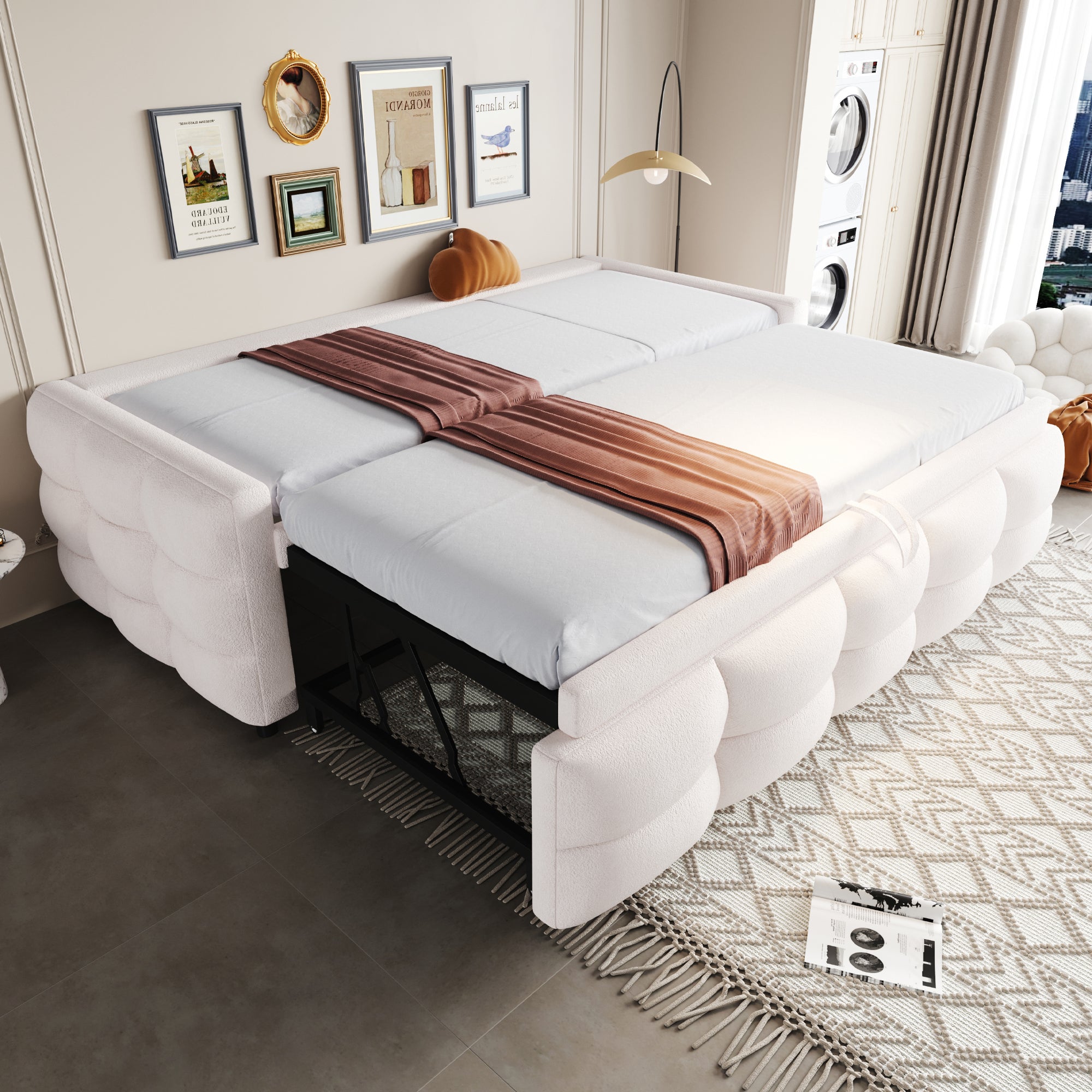 Lit Rembourré En L Avec Canapé Et Lit Gigogne - Velours Rose, 140x200 Cm - Pour Salon, Chambre - Sans Matelas
