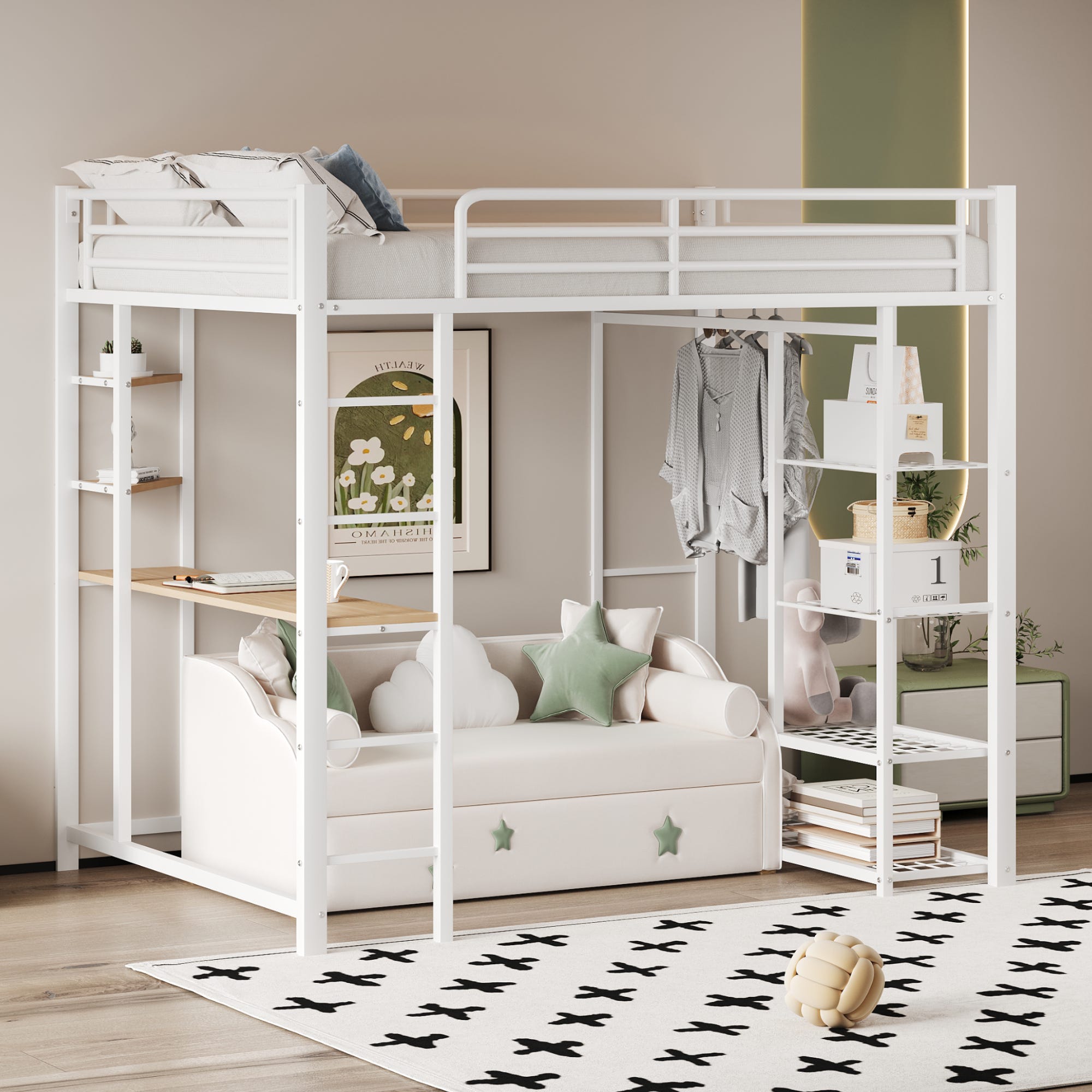 Letto A Soppalco 90x200cm Per Bambini - Con Scala E Ripiano, Bianco E Naturale - Foto 6