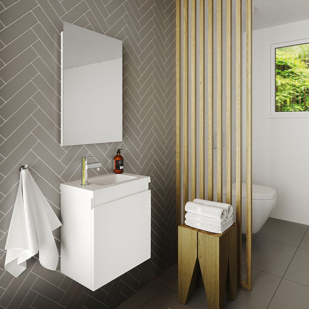 Ensemble meuble lave-mains avec miroir PORTO PACK blanc brillant laqué - L40 x H51 x P25 cm - - 2