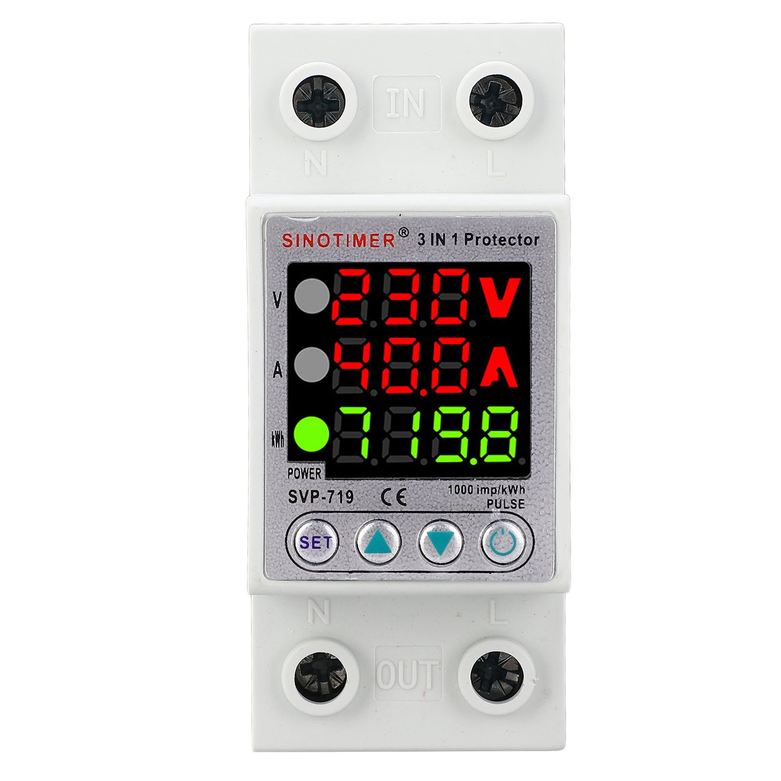 Regulowany przekaźnik napięciowy 230V 40A DIN z wyświetlaczem LCD, ochrona nad- i podnapięciowa, limiter prądu, auto-reset SVP-719