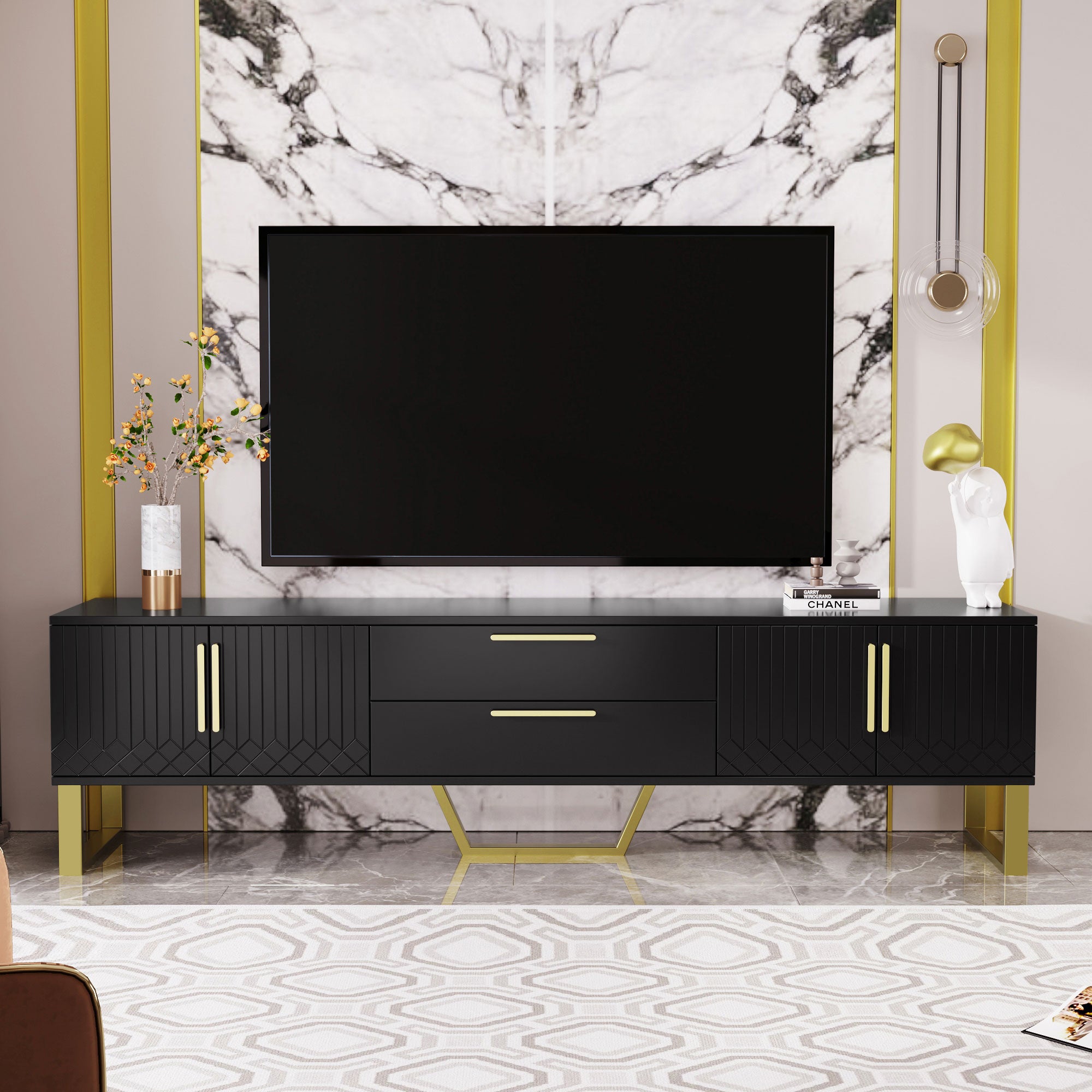 Stolik pod TV z 4 drzwiami i 2 szufladami - 170 x 40 x 53,5 cm - MDF i złote nogi - Czarny