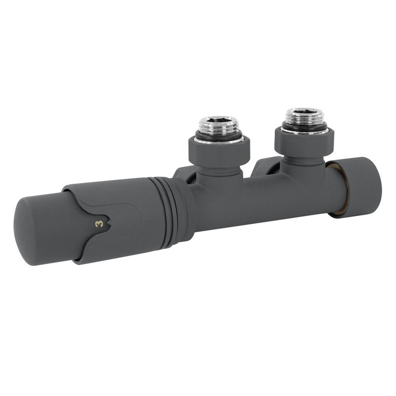 LuxeBath zestaw zaworowy Multiblock antracytowy narozny z glowica termostatyczna do grzejników lazienkowych z podlaczeniem srodkowym - zestaw