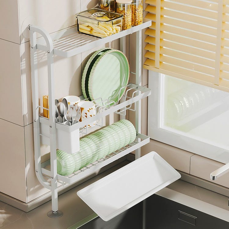Égouttoir étroit et minimaliste, étagère de cuisine multifonction, support à vaisselle à plusieurs niveaux, sans perçage, blanc - 5